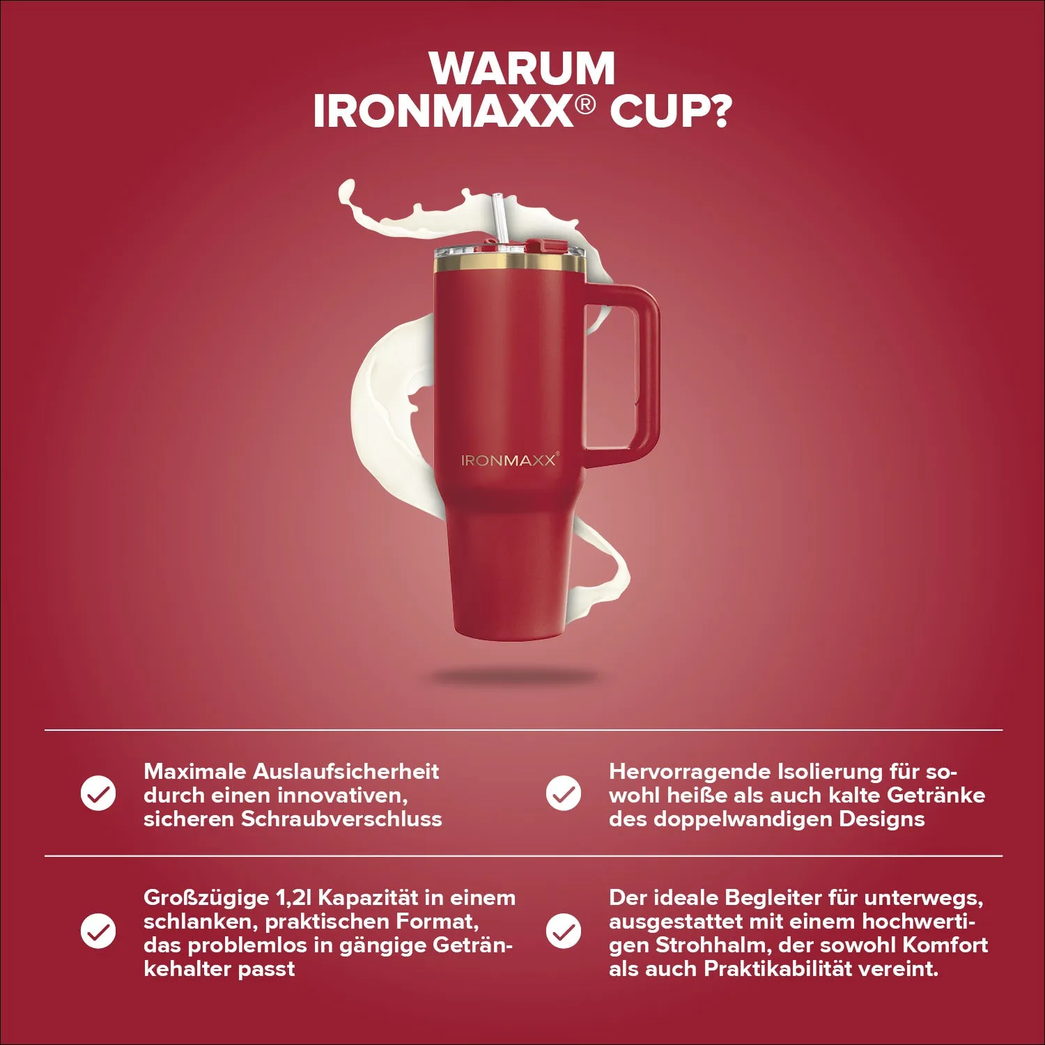 IronMaxx Cup V3.0 1200 ml Trinkbecher Ruby Red Edelstahl isoliert