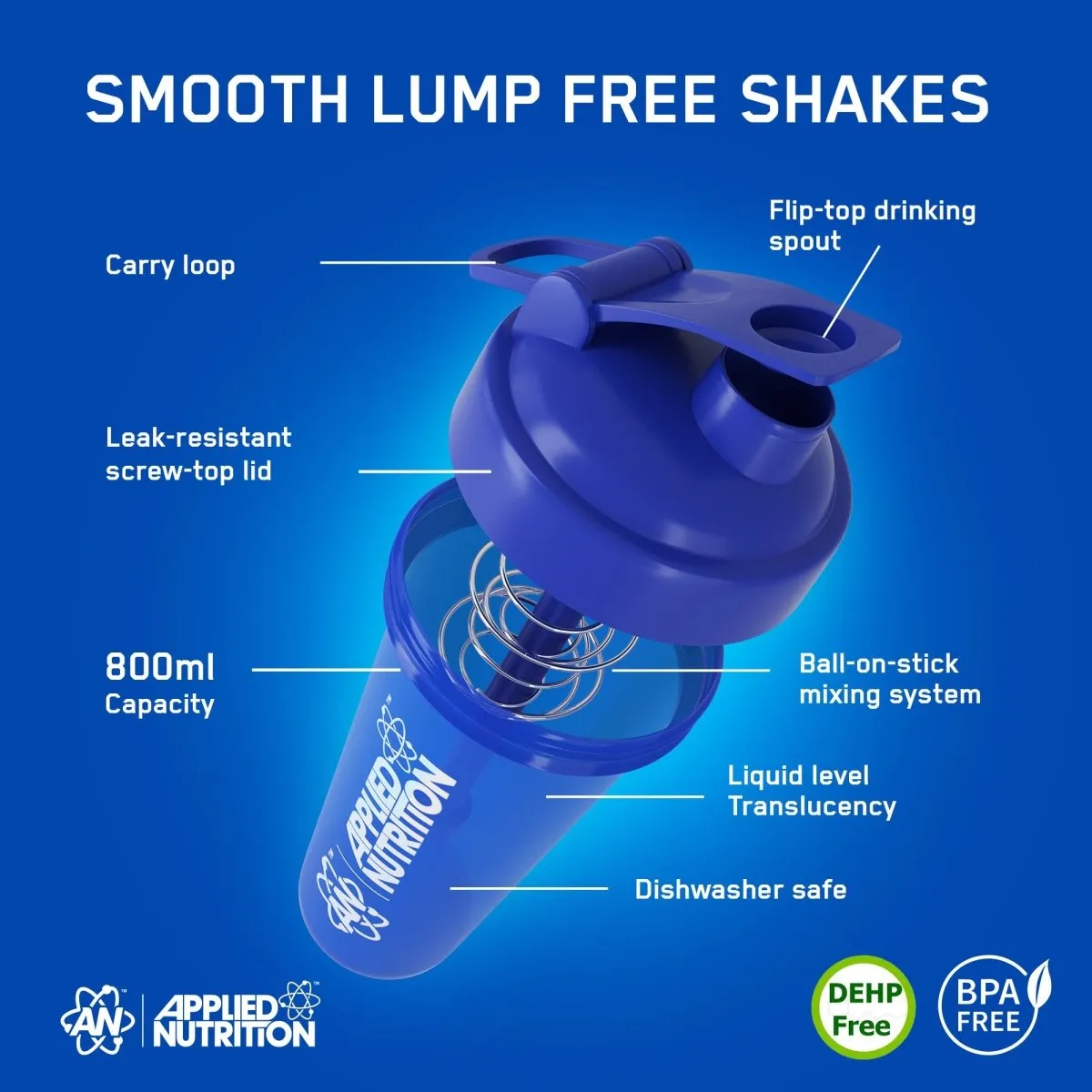 Applied Nutrition Premium Shaker 800ml Blau mit Kugelstab