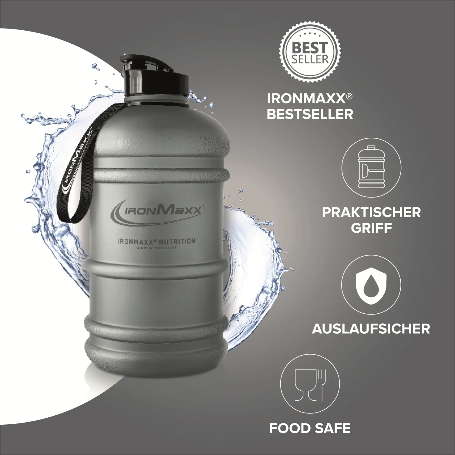 Iron Maxx Water Gallon Trinkflasche 2200ml Ash Grey BPA-frei