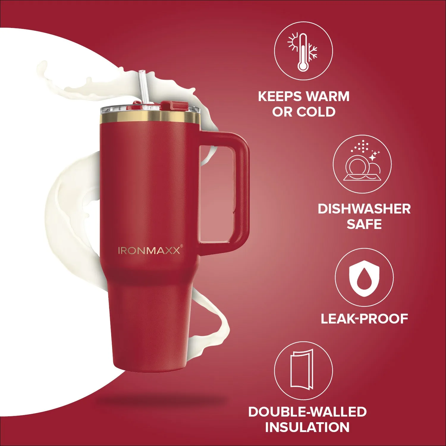 IronMaxx Cup V3.0 1200 ml Trinkbecher Ruby Red Edelstahl isoliert