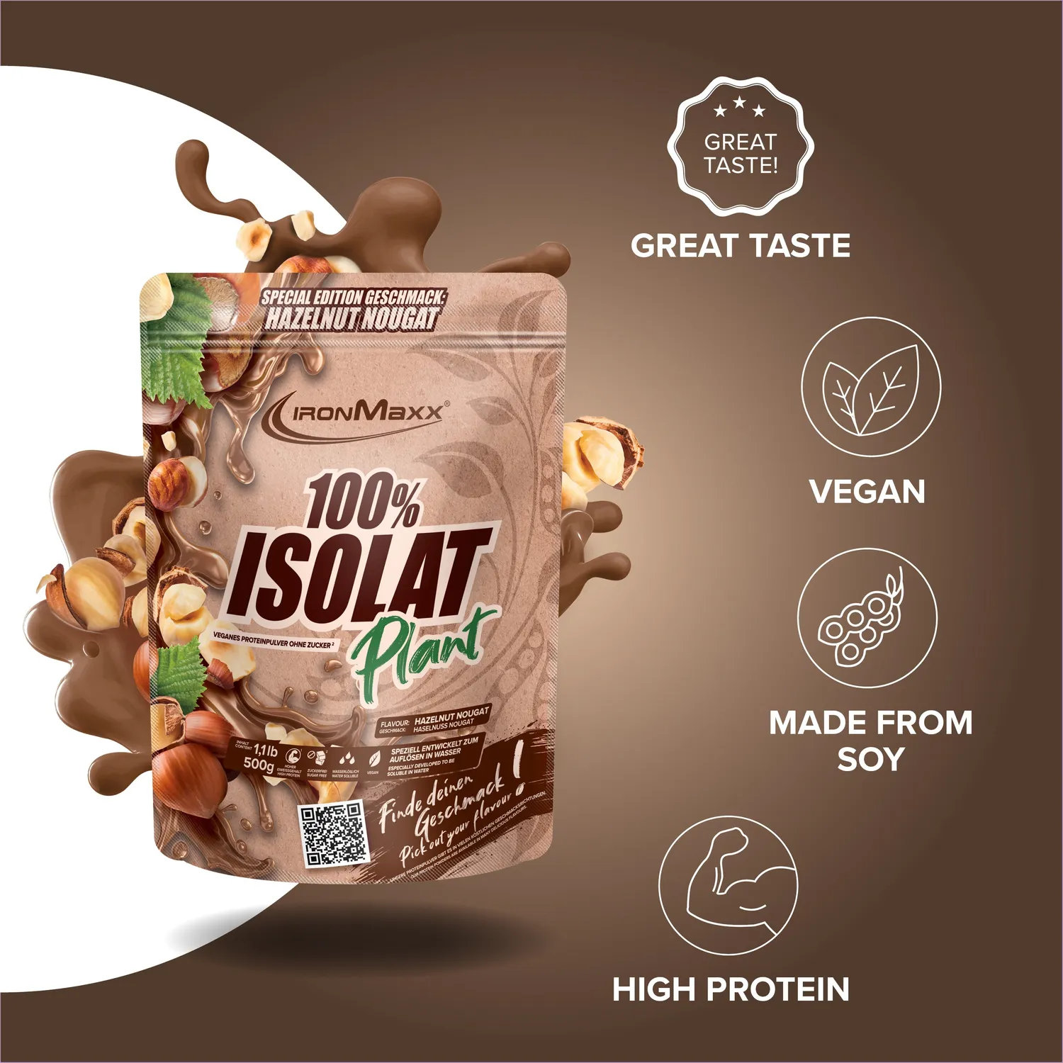Iron Maxx 100% Isolat Plant Pulver 500g Hazelnut Nougat vegan