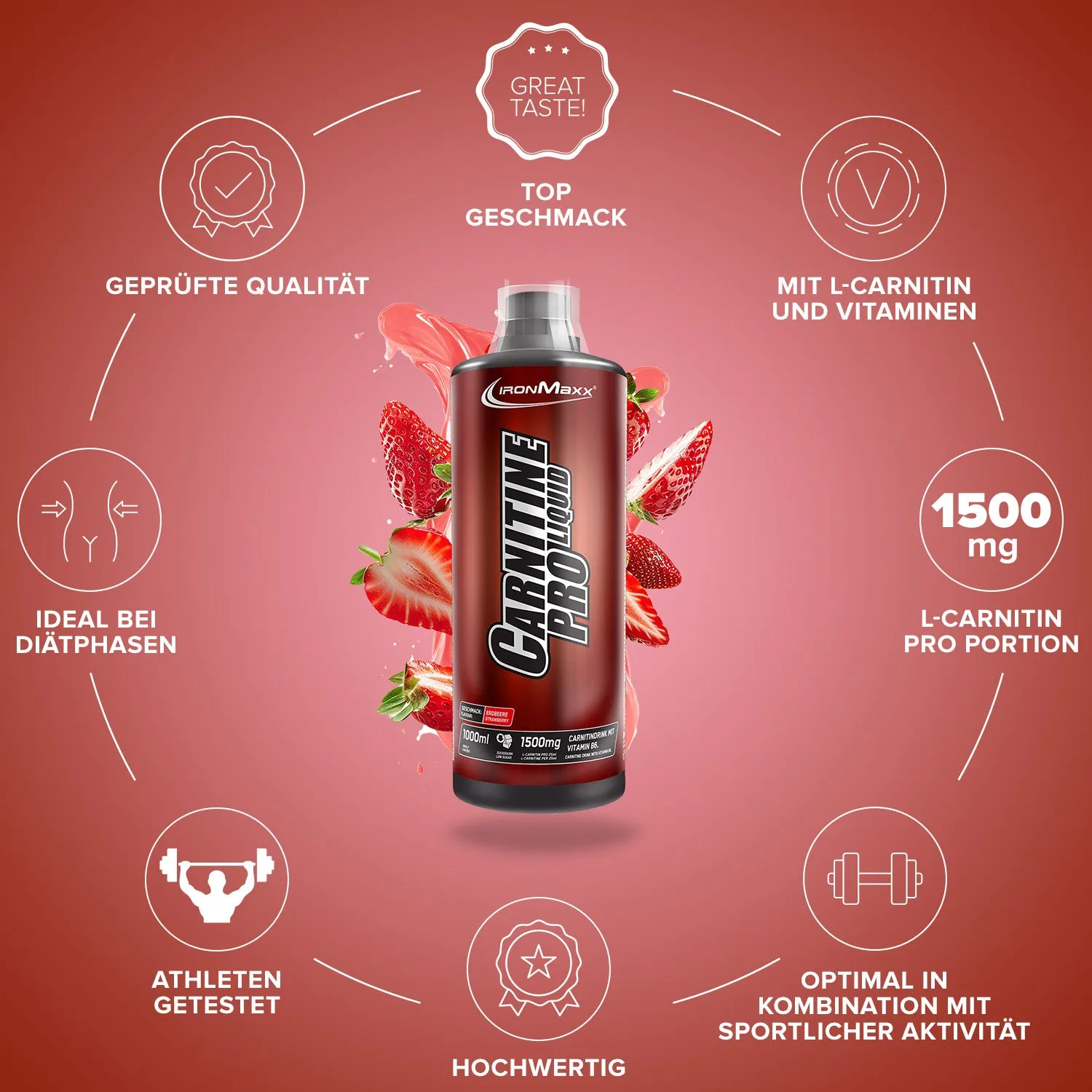 Iron Maxx Carnitine Pro Liquid L-Carnitin Erdbeere 1000 ml vegan