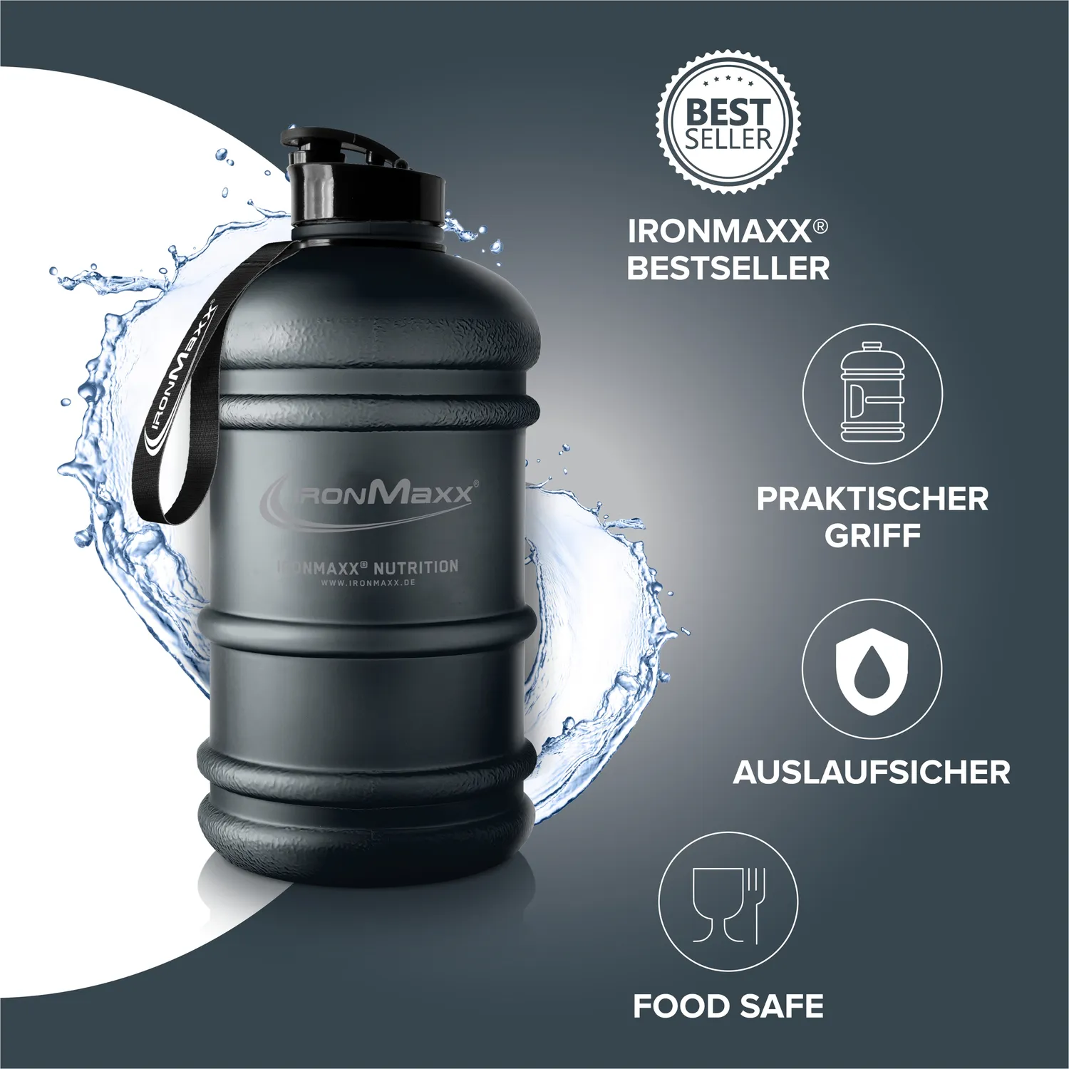 Iron Maxx Water Gallon Trinkflasche 2200ml Deep Black BPA-frei