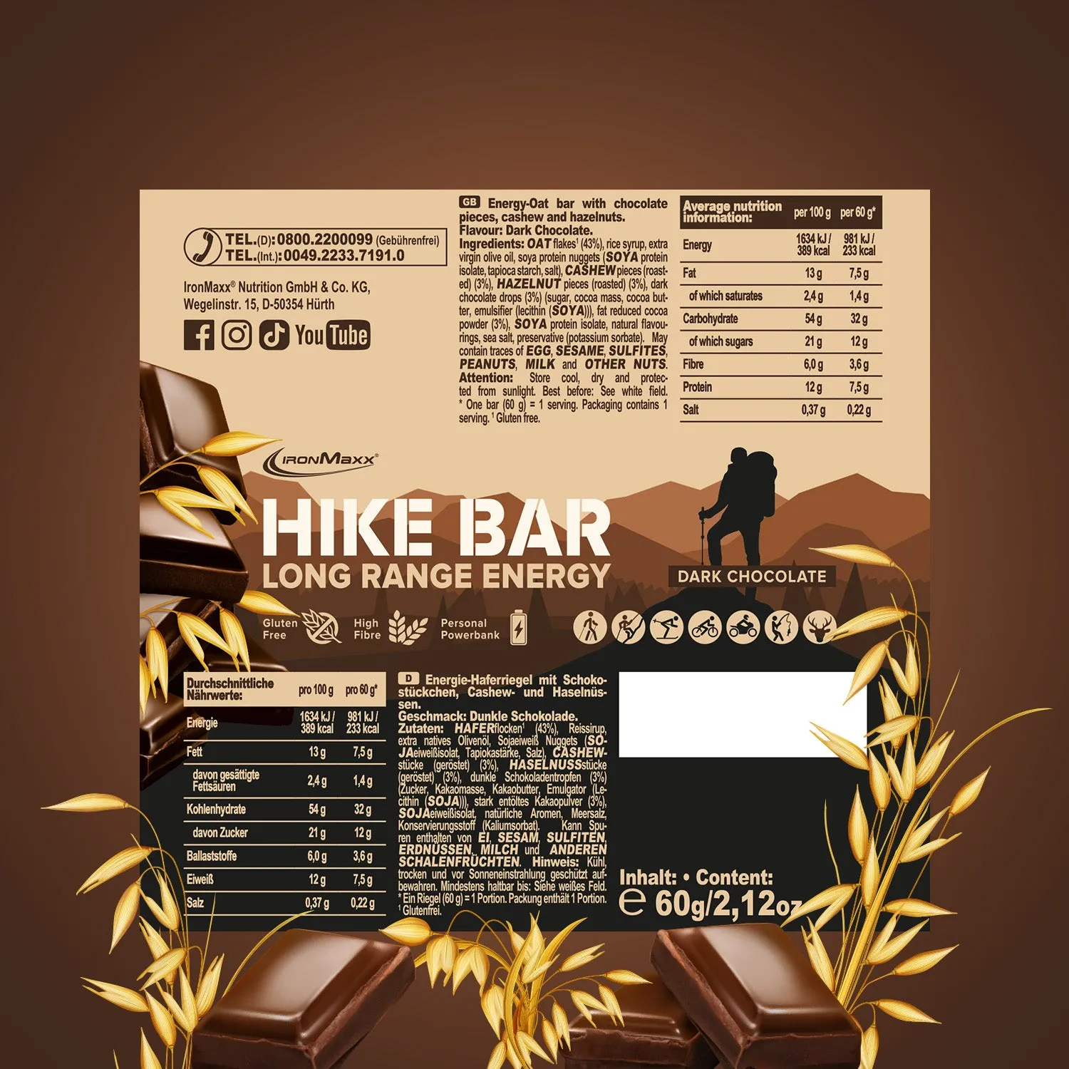 Iron Maxx Hike Bar Energieriegel Dark Chocolate 60 g vegan