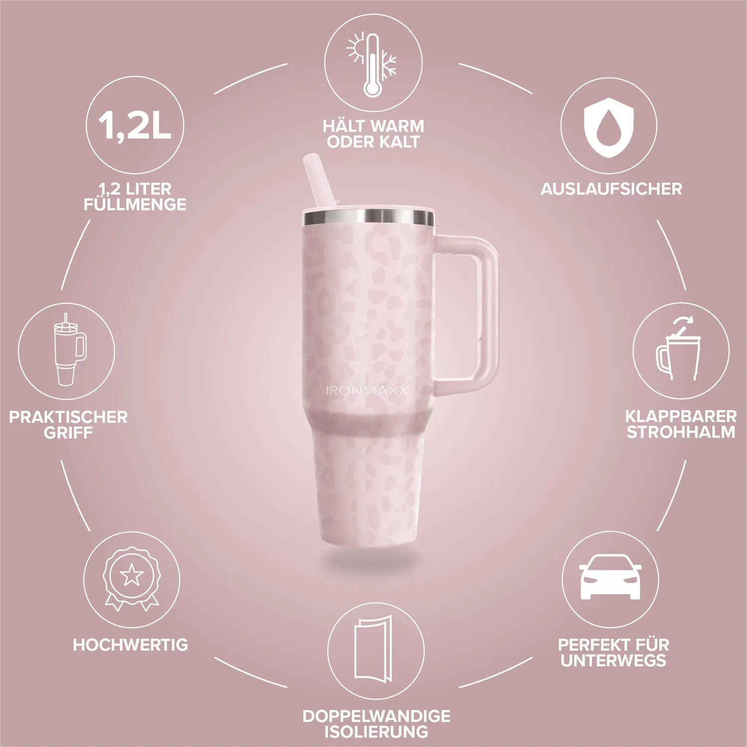 Iron Maxx Cup V4.0 1200ml Leo-Style Rose Edelstahl Trinkbecher