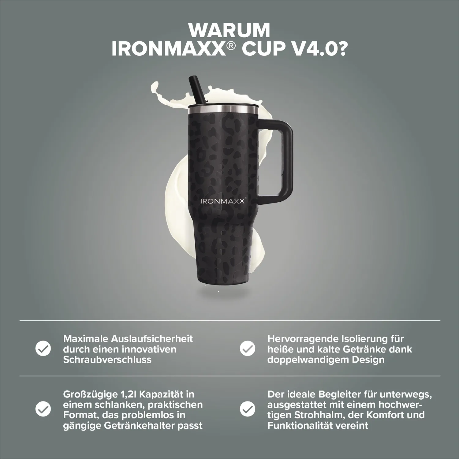 IronMaxx Cup V4.0 Trinkbecher 1200ml Leo-Style Black isoliert
