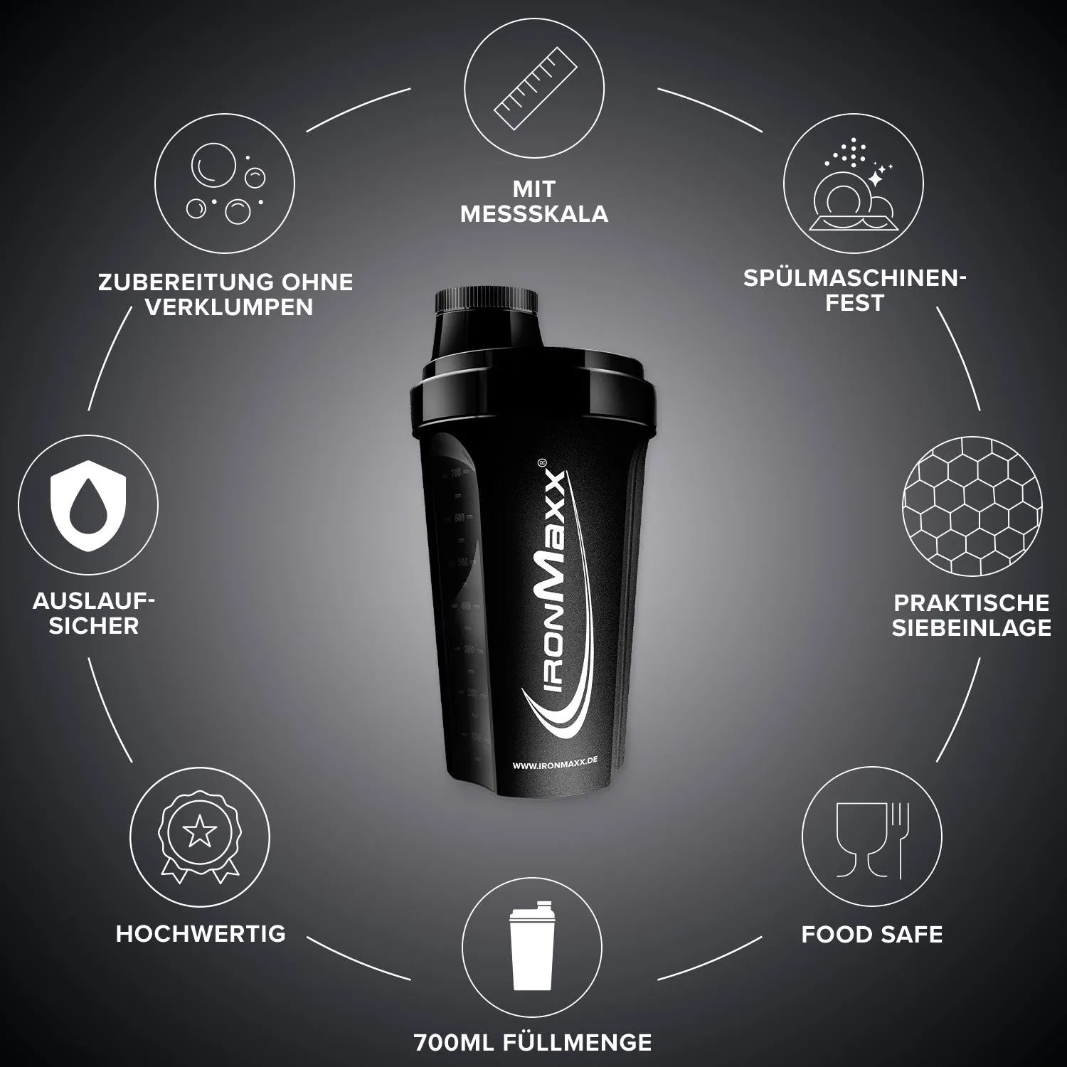 Iron Maxx Shaker 700 ml schwarz mit Sieb