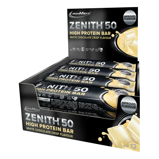 Iron Maxx ZENITH® 50 Protein Riegel 12x100g White Chocolate Crisp zuckerarm