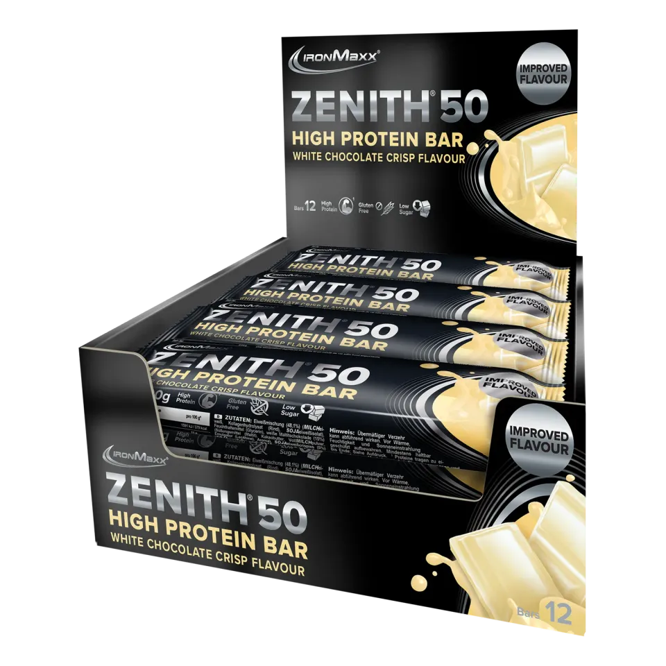 Iron Maxx ZENITH® 50 Protein Riegel 12x100g White Chocolate Crisp zuckerarm