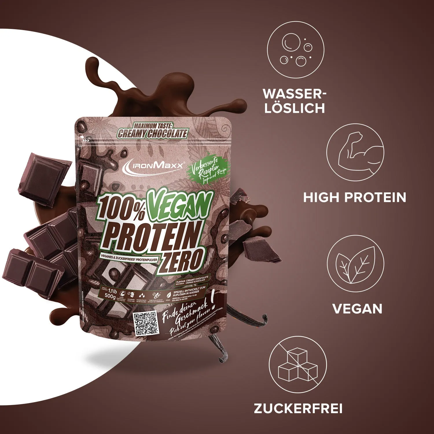 Iron Maxx 100% Vegan Protein Zero 500 g Creamy Chocolate zuckerfrei