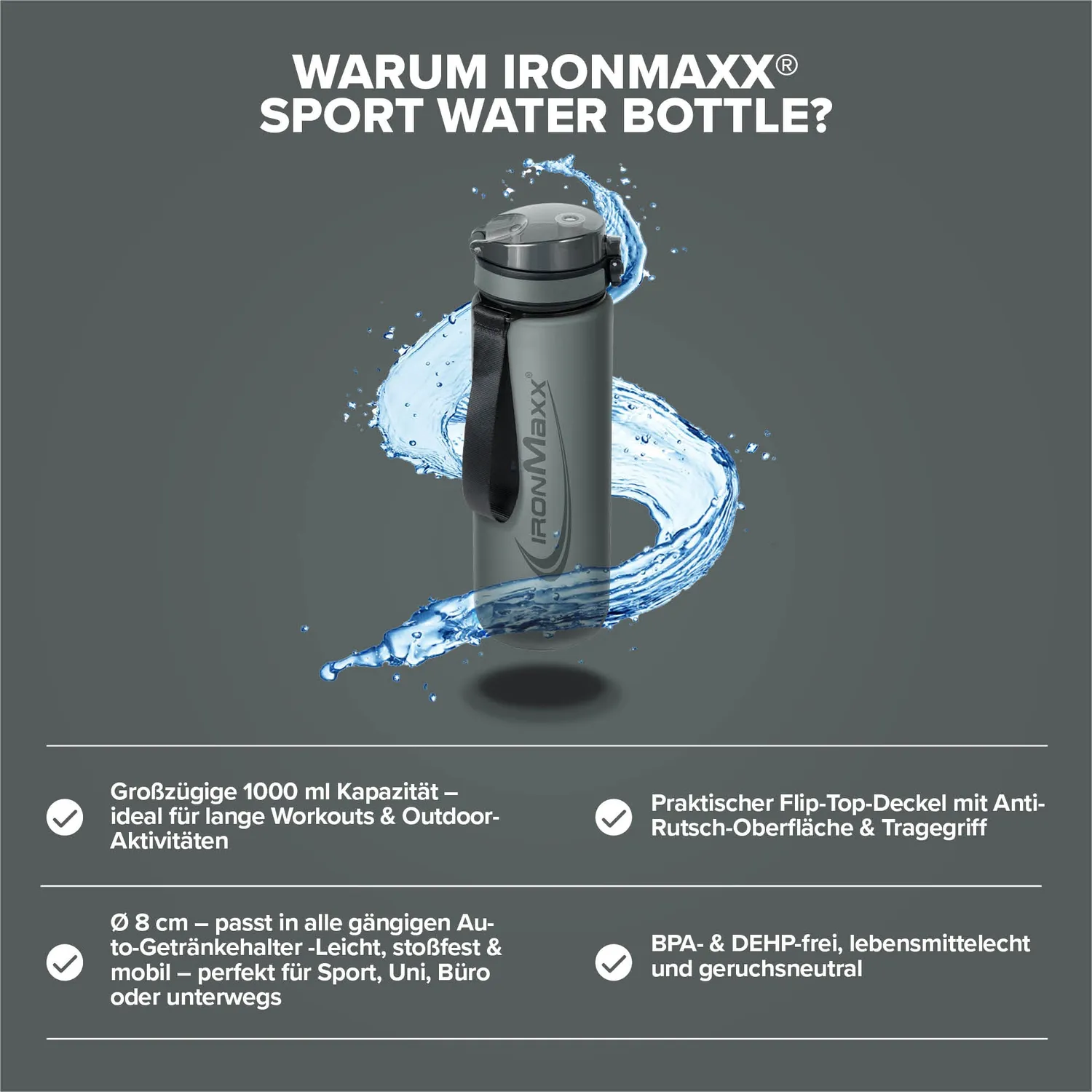 Iron Maxx Sport Water Bottle 1000ml Ash Grey BPA-frei