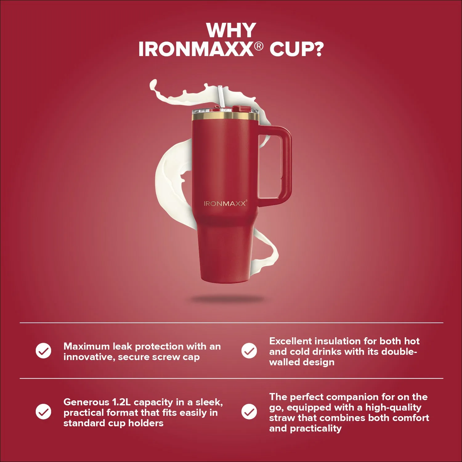IronMaxx Cup V3.0 1200 ml Trinkbecher Ruby Red Edelstahl isoliert