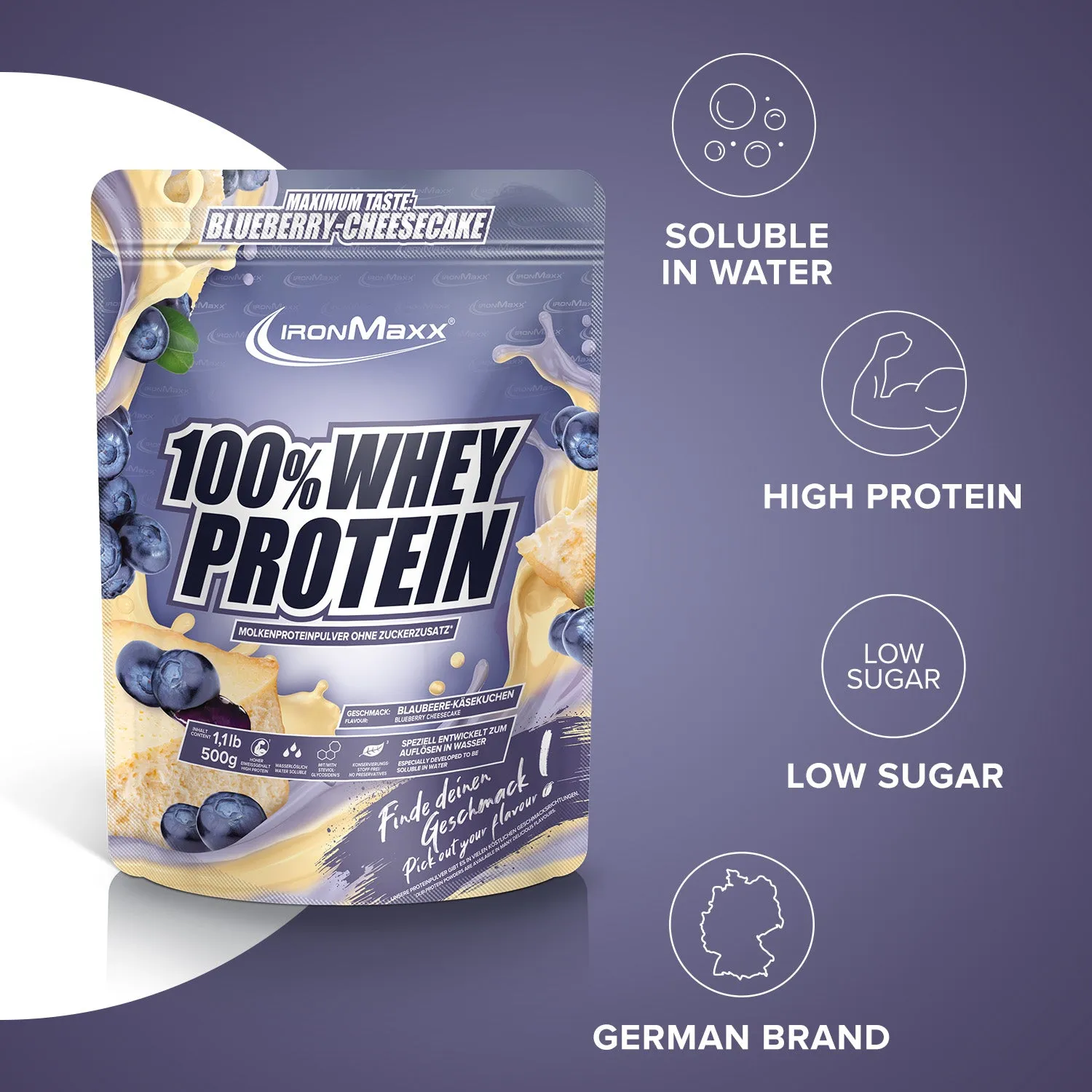 Iron Maxx 100% Whey Protein 500 g Blueberry Cheesecake Eiweiß