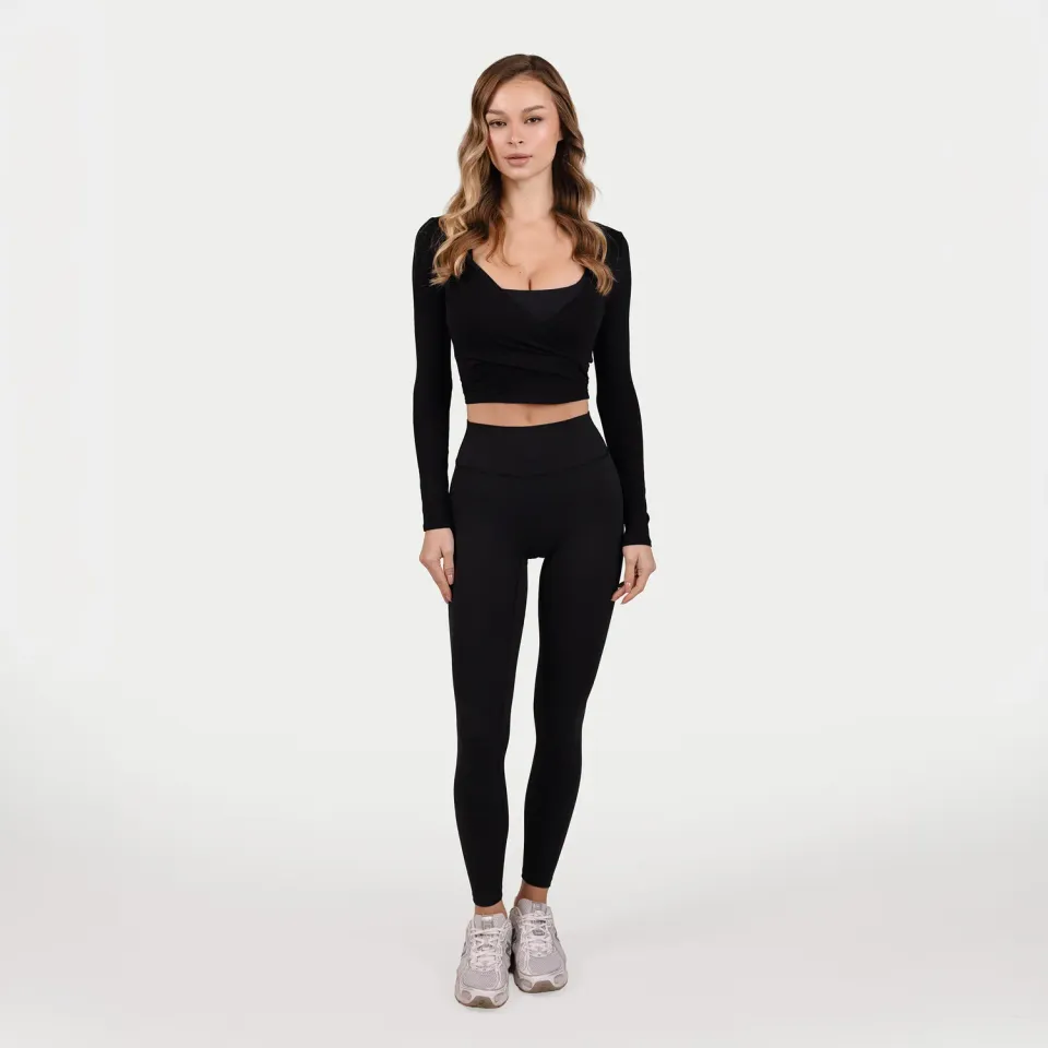 Iron Maxx MRIIÀ Bodycon Long Sleeve Wrap Top Schwarz – tailliert