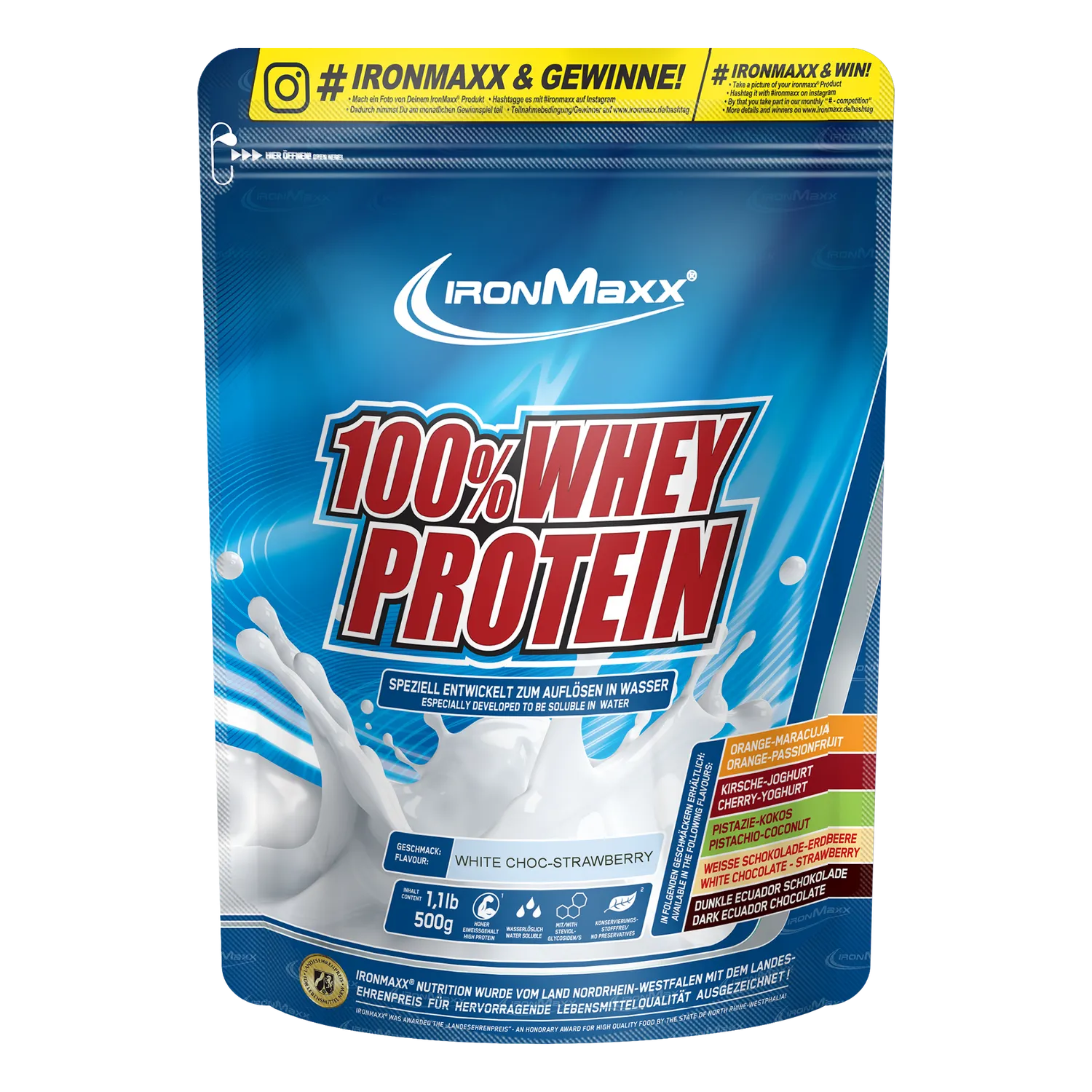 Iron Maxx 100% Whey Proteinpulver Weiße Schokolade-Erdbeere 500 g 80 % Eiweiß