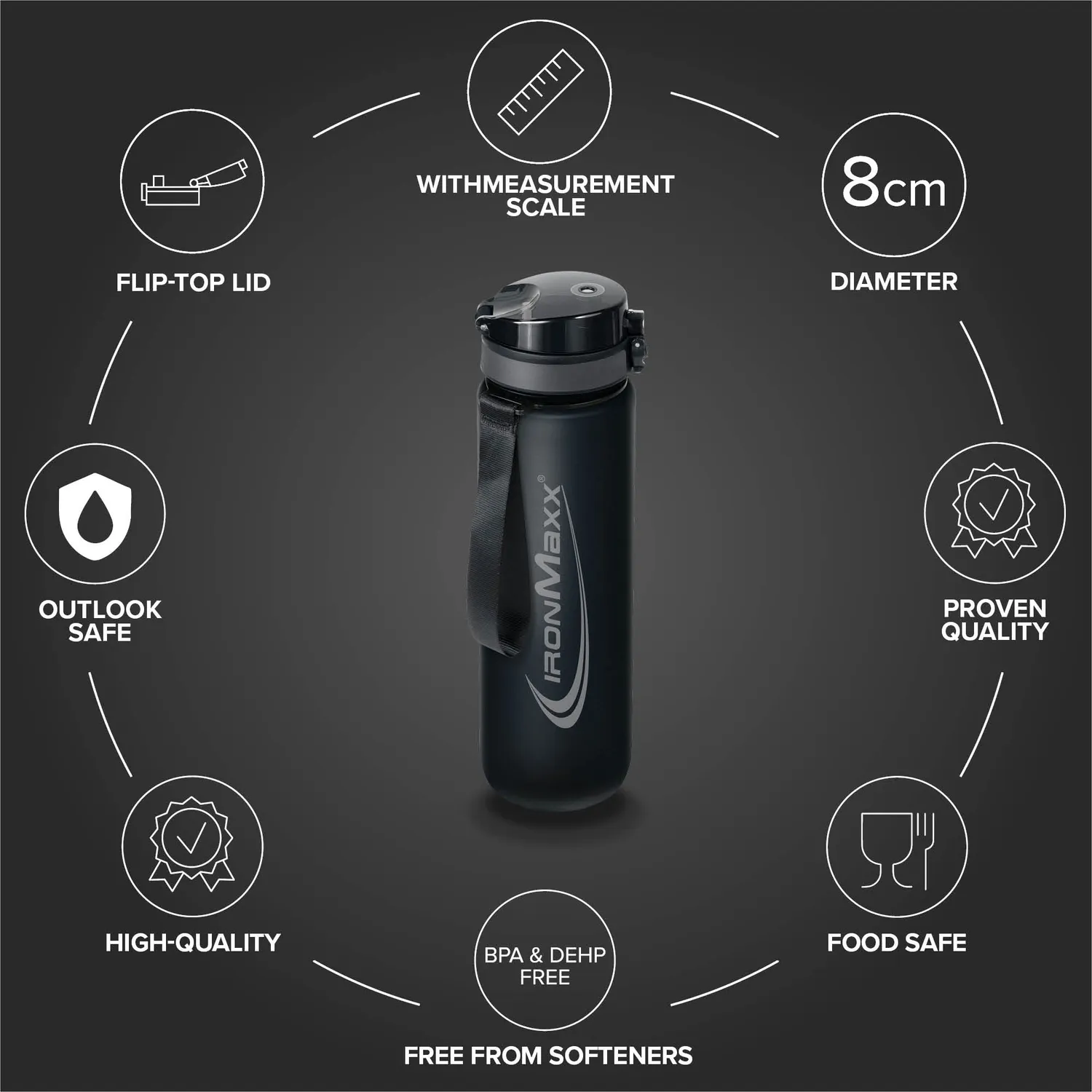 Iron Maxx Sport Water Bottle Trinkflasche 1000ml Deep Black BPA-frei