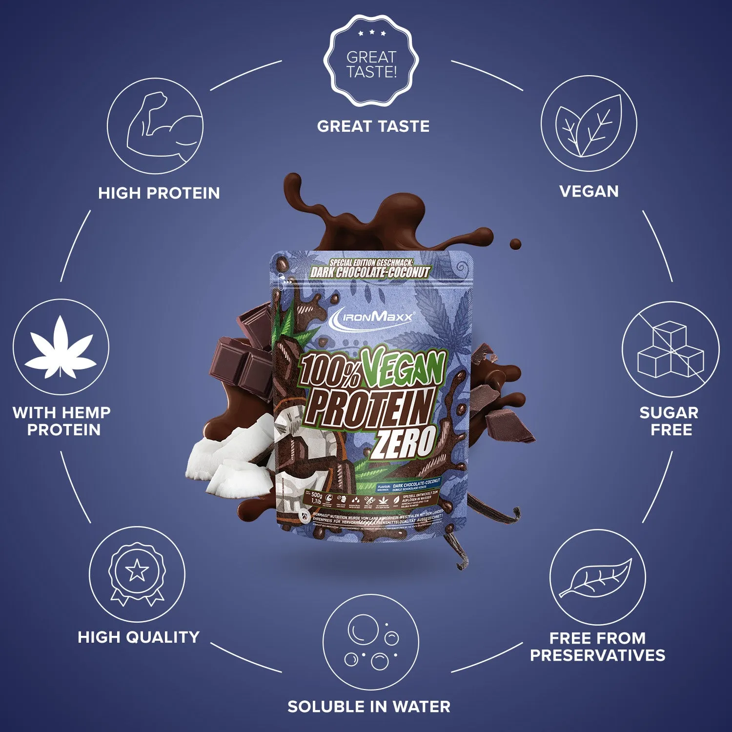 Iron Maxx Vegan Protein Zero Proteinpulver Dark Chocolate Coconut 500 g zuckerfrei