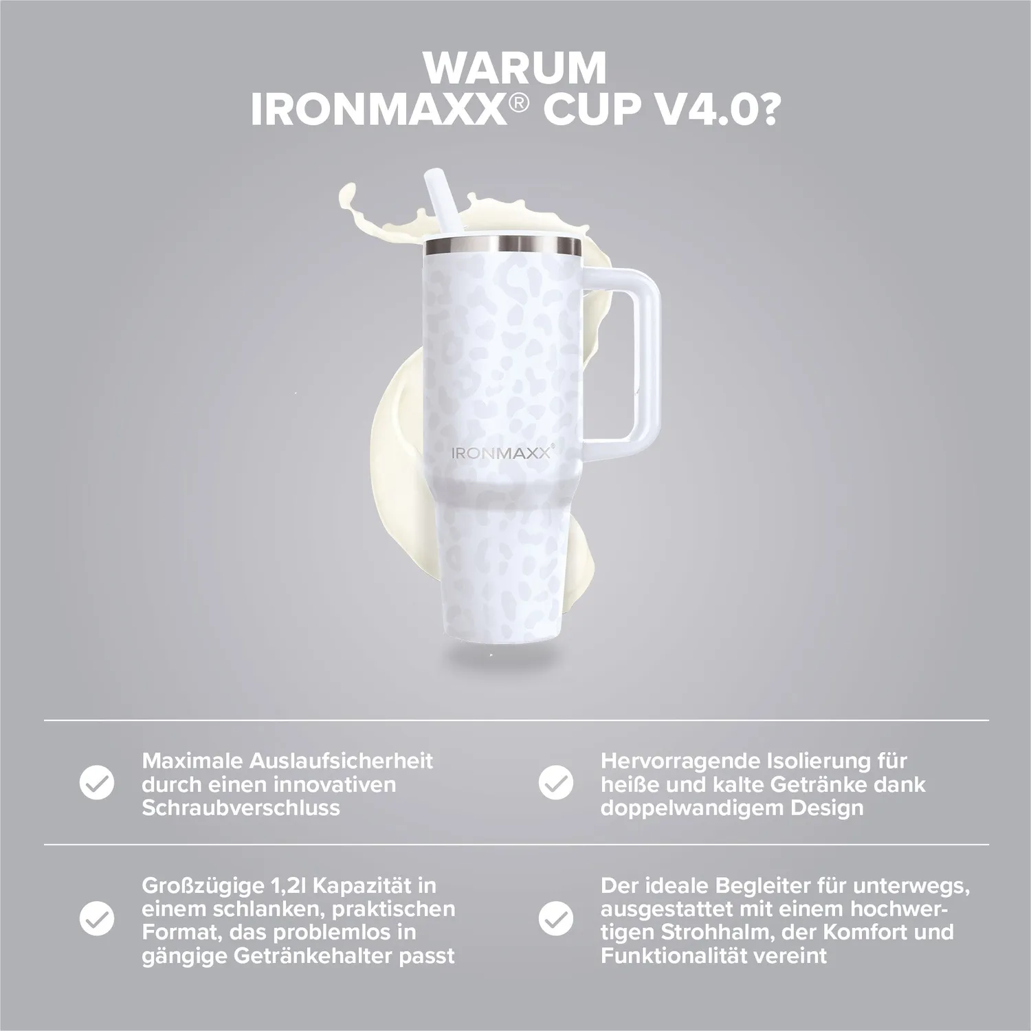 IronMaxx Cup V4.0 Trinkbecher 1200ml Leo-Style White isoliert
