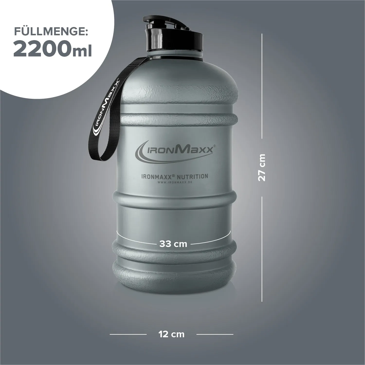 Iron Maxx Water Gallon Matt Transparent Frosted Ash Grey Trinkflasche 2200ml