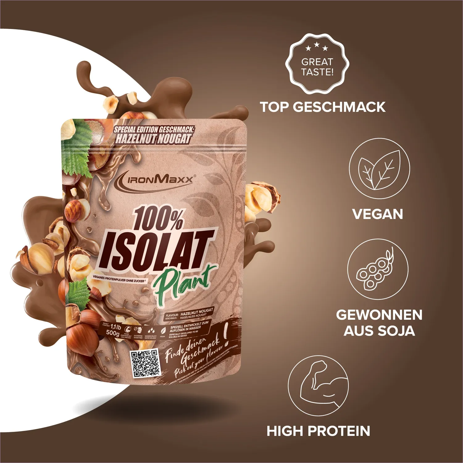 Iron Maxx 100% Isolat Plant Pulver 500g Hazelnut Nougat vegan
