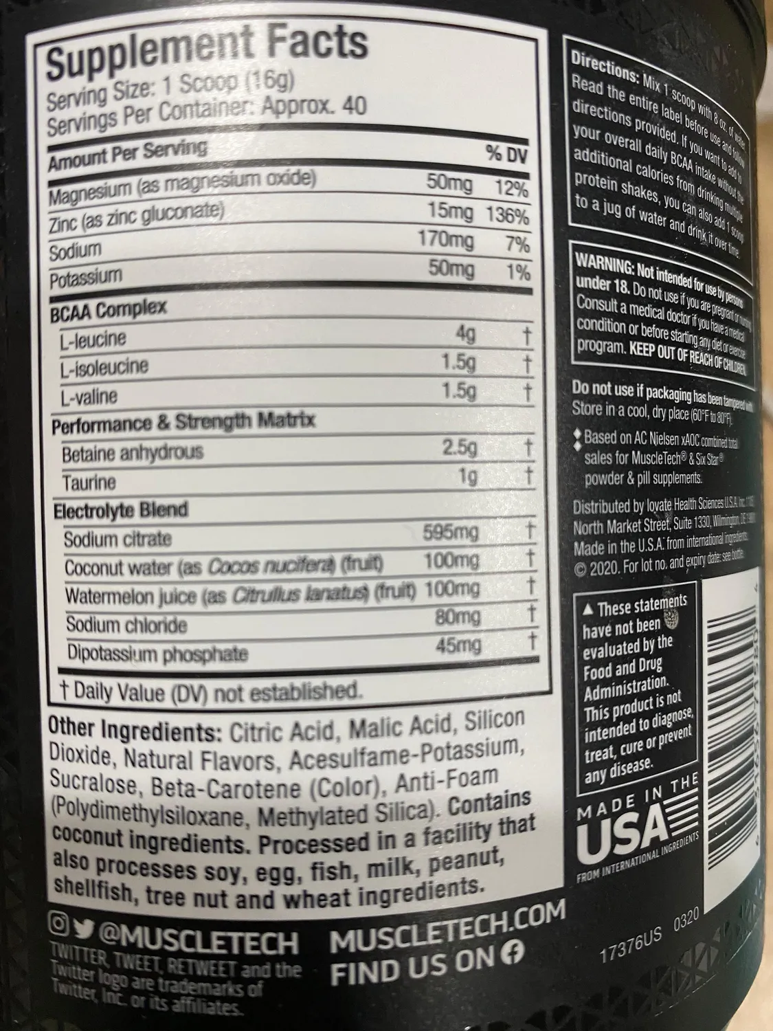 MuscleTech Amino Build BCAA Pulver 40 Portionen Tropical Twist