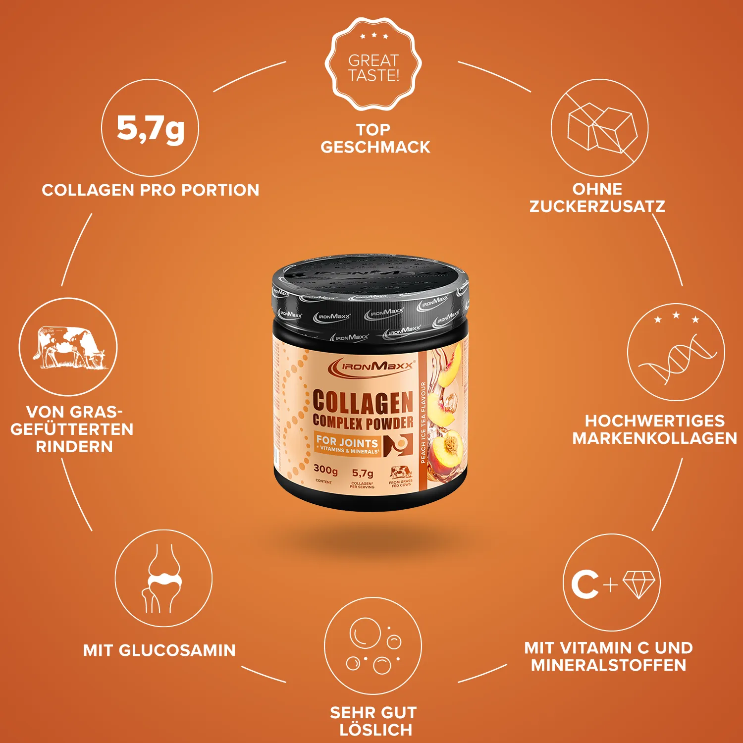 Iron Maxx Collagen Complex Powder Kollagenpulver Peach Ice Tea 300 g mit Vitamin C