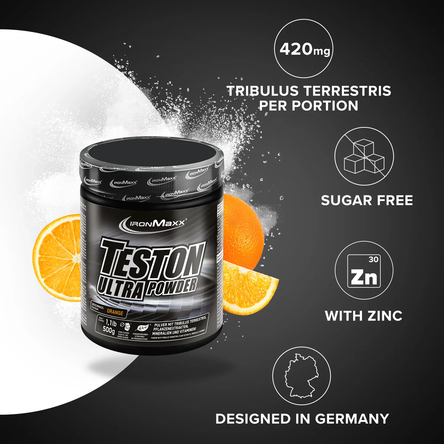 Iron Maxx Teston Ultra Powder Trainingsbooster Orange 500 g zuckerfrei