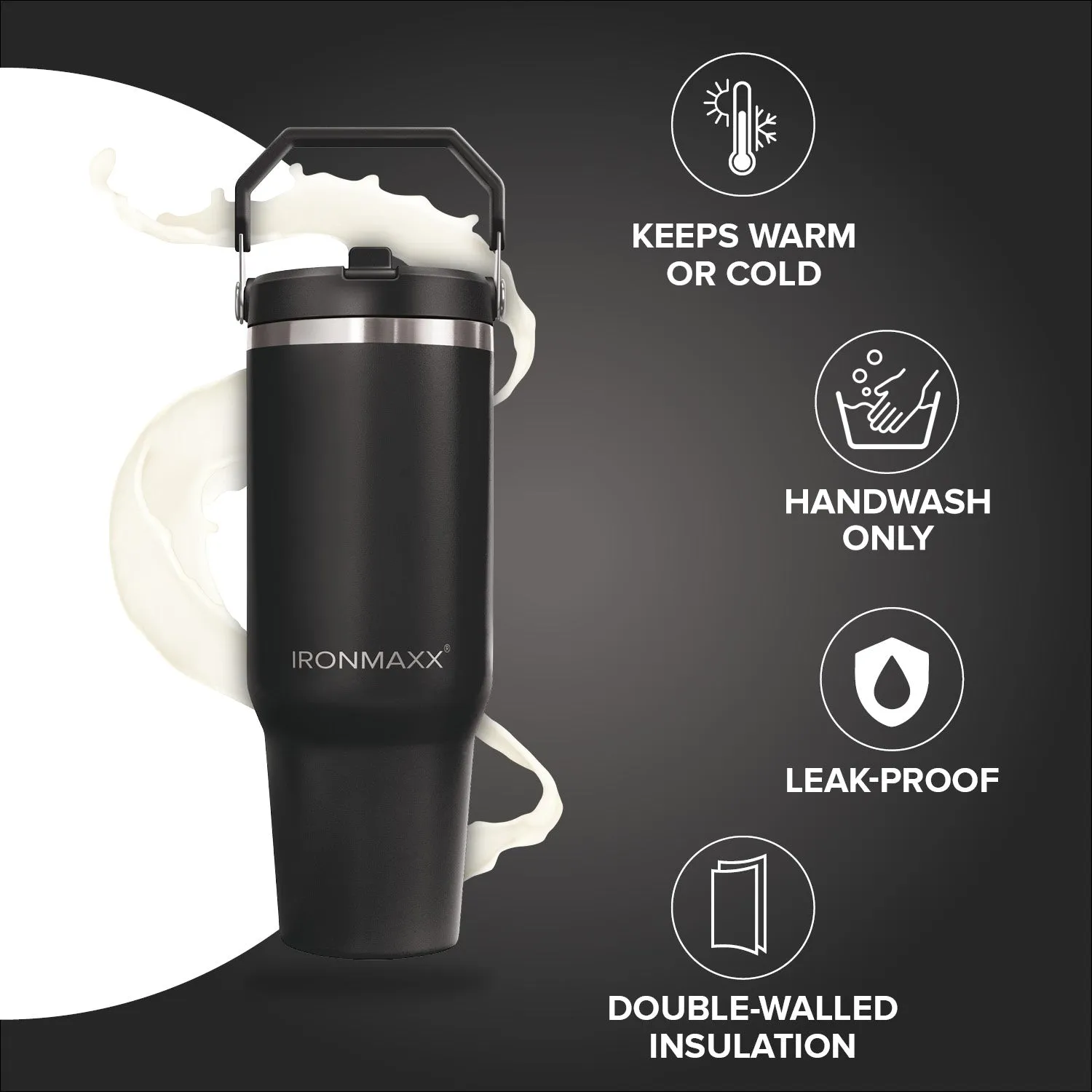 IronMaxx Cup V5.0 Trinkflasche 1200 ml Schwarz Edelstahl isoliert