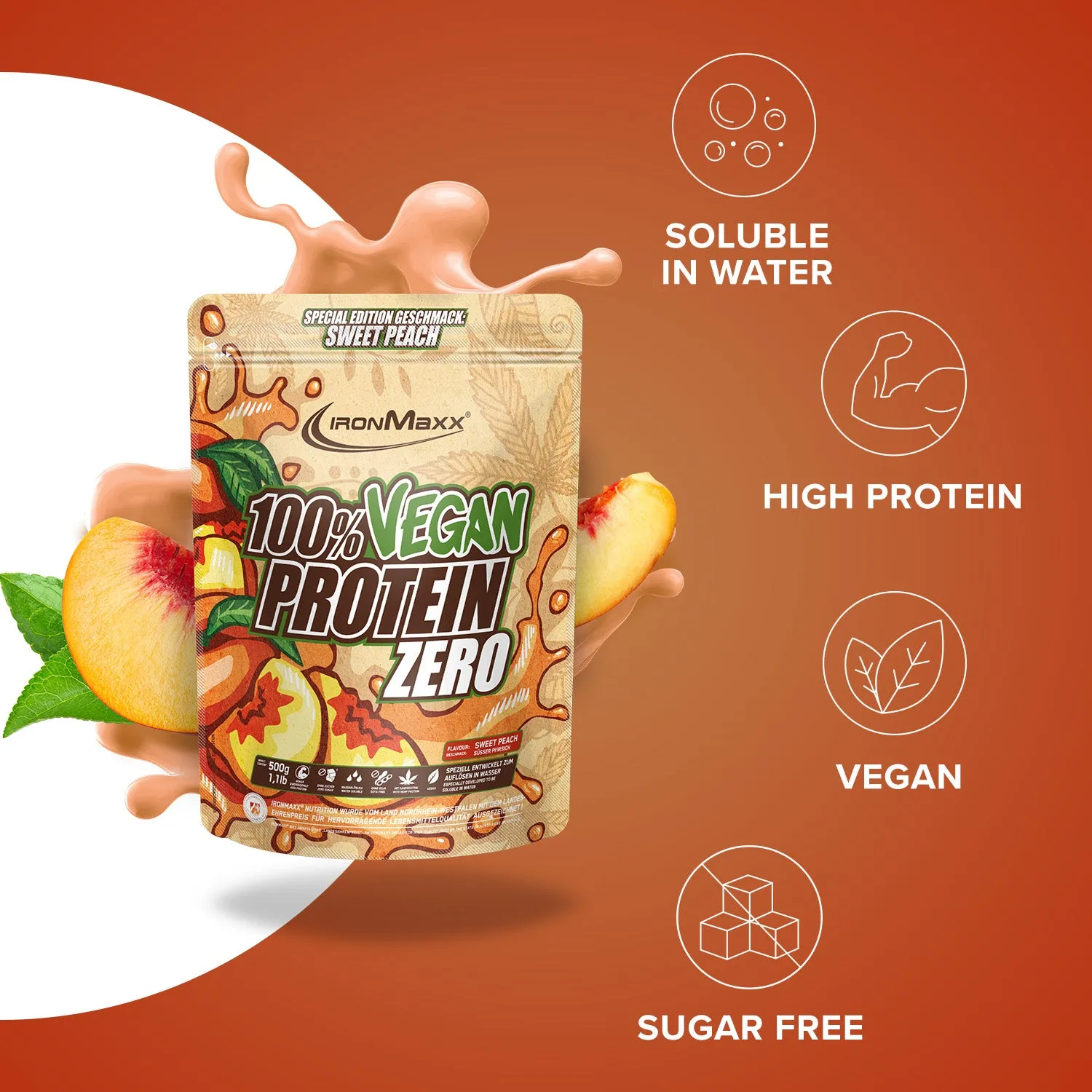 Iron Maxx 100% Vegan Protein Zero Proteinpulver 500g Sweet Peach zuckerfrei