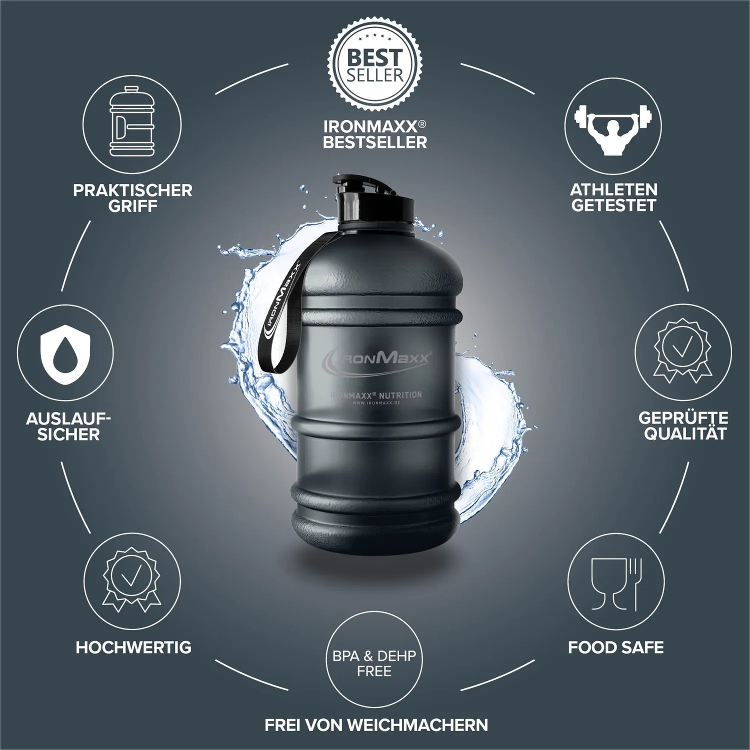 Iron Maxx Water Gallon 2200 ml Trinkflasche Matt Transparent Frosted Deep Black