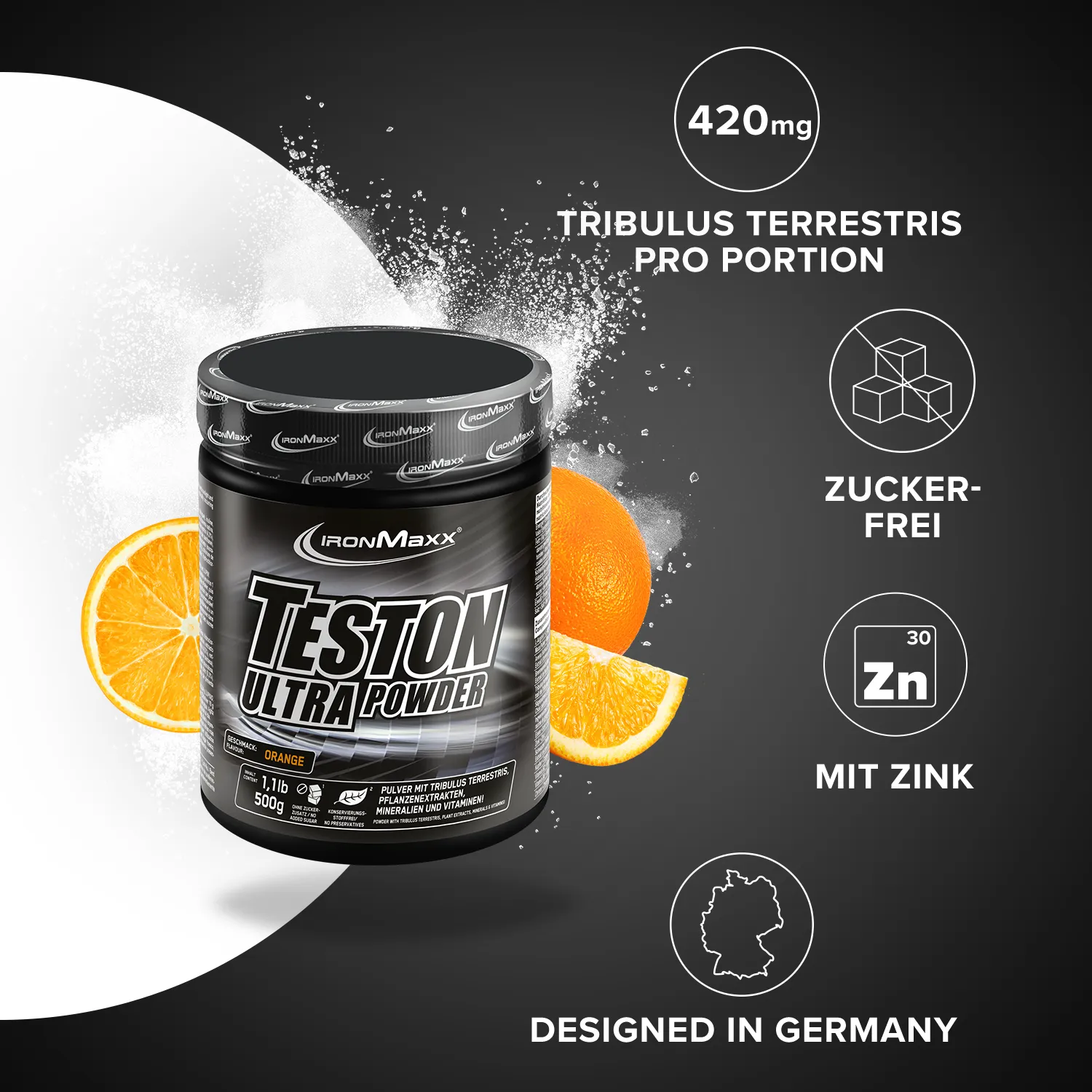 Iron Maxx Teston Ultra Powder Trainingsbooster Orange 500 g zuckerfrei