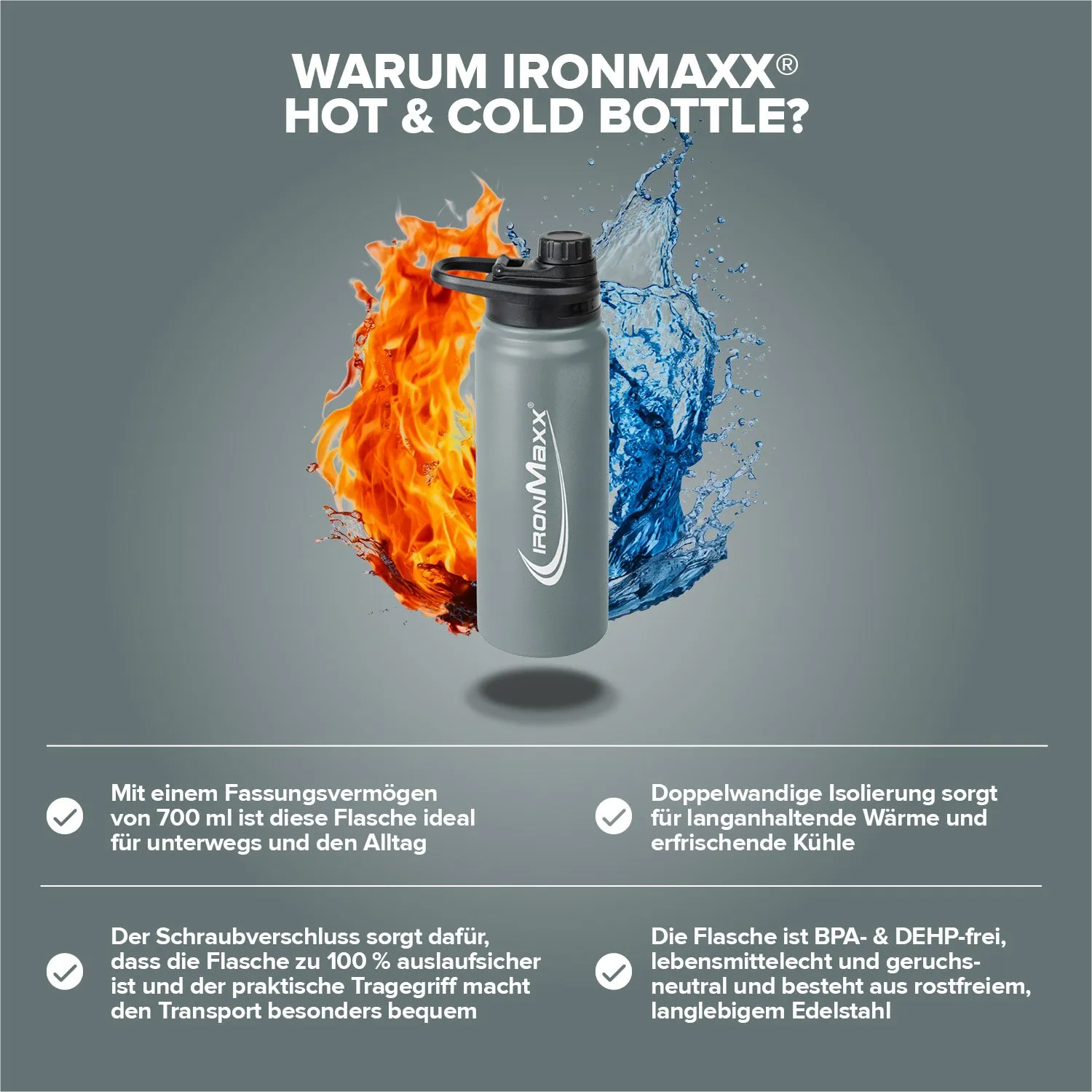 Iron Maxx Hot & Cold Bottle Thermosflasche 800ml Ash Grey