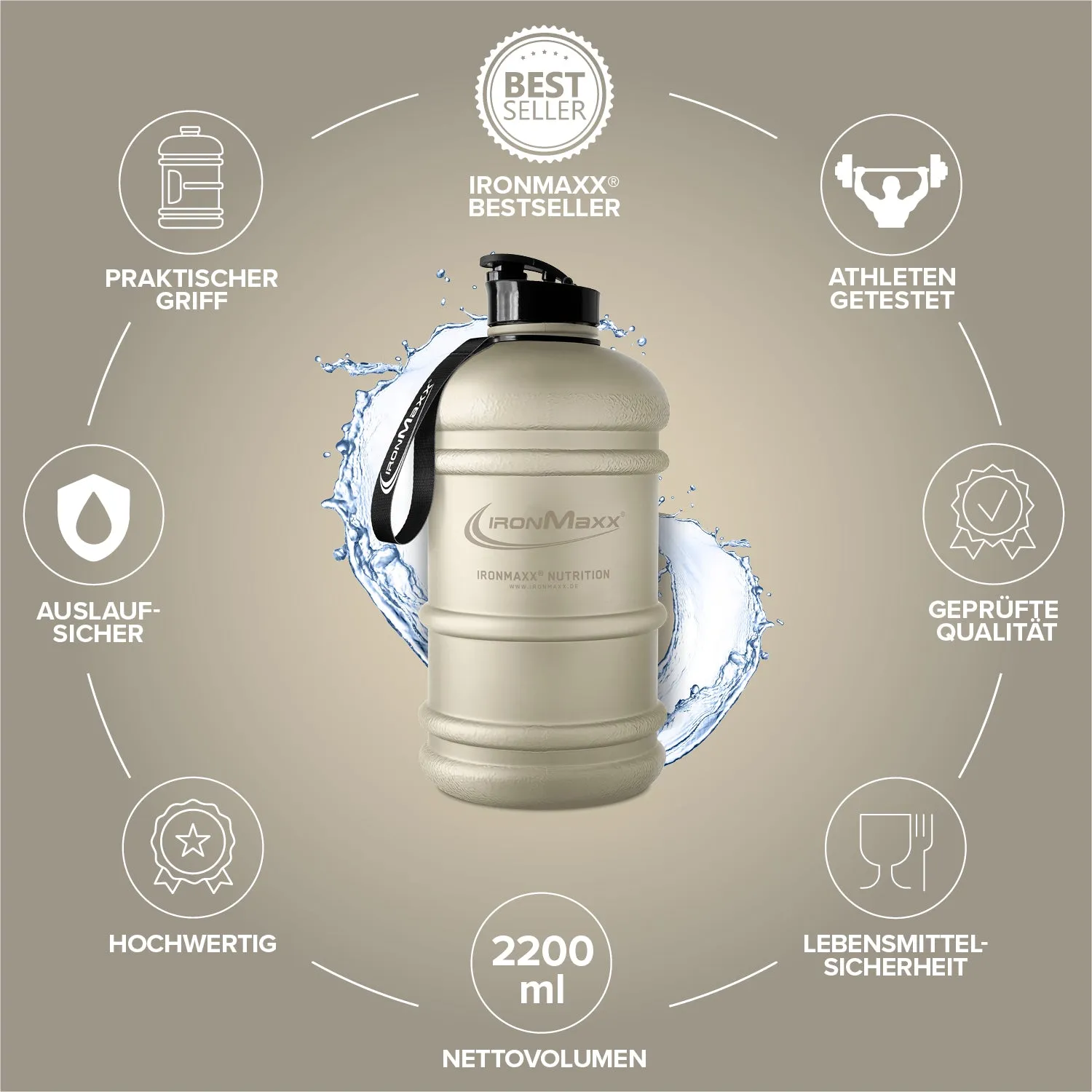 Iron Maxx Water Gallon Trinkflasche 2200ml Sandstone BPA-frei