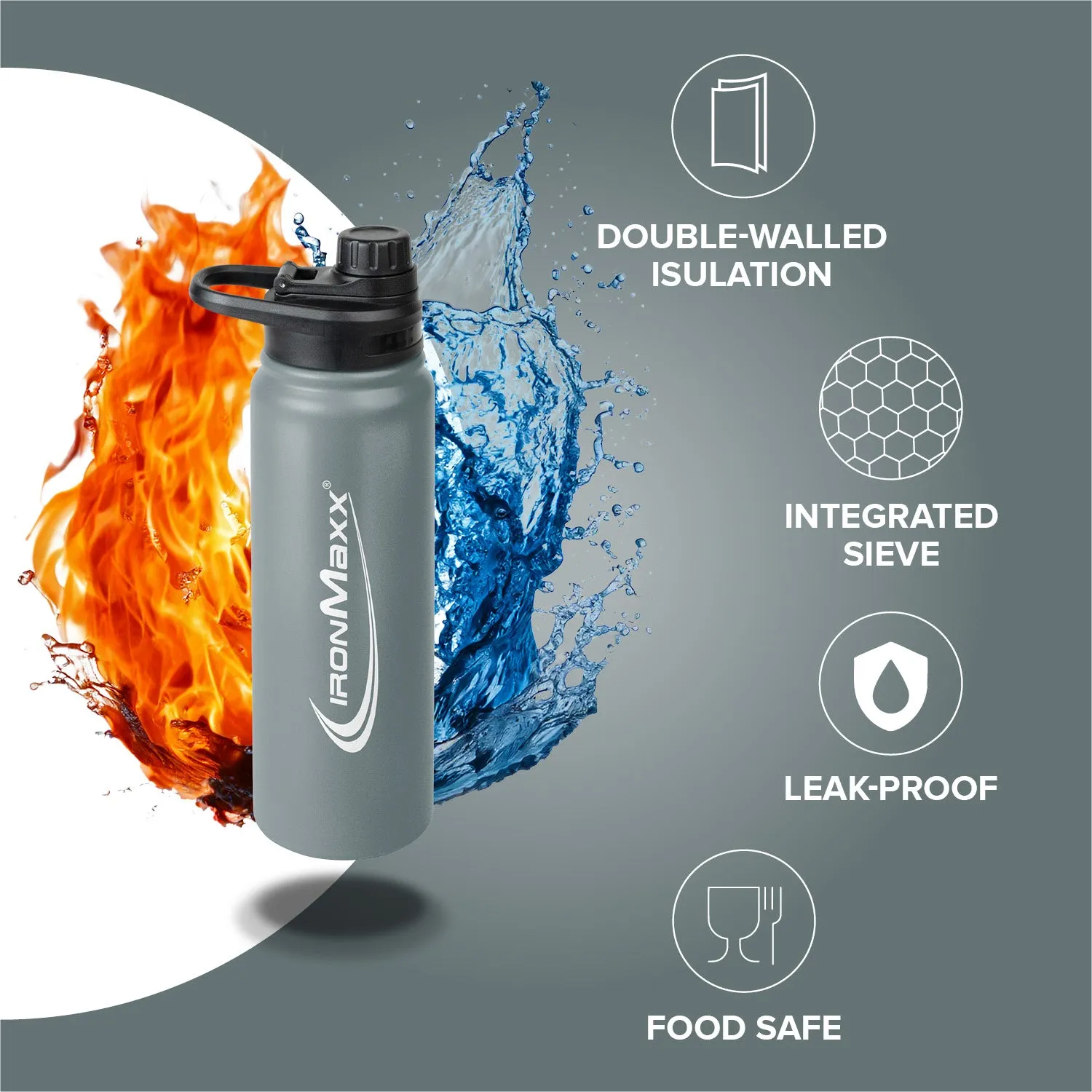 Iron Maxx Hot & Cold Bottle Thermosflasche 800ml Ash Grey