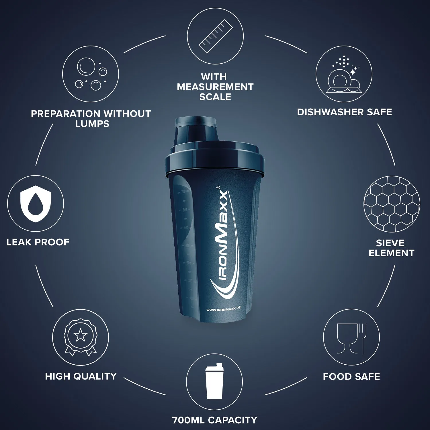 Iron Maxx Shaker 700ml Mistle Blue mit Sieb BPA-frei