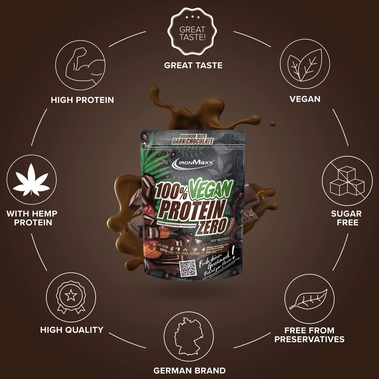 Iron Maxx 100% Vegan Protein Zero Pulver Dark Chocolate 500 g zuckerfrei