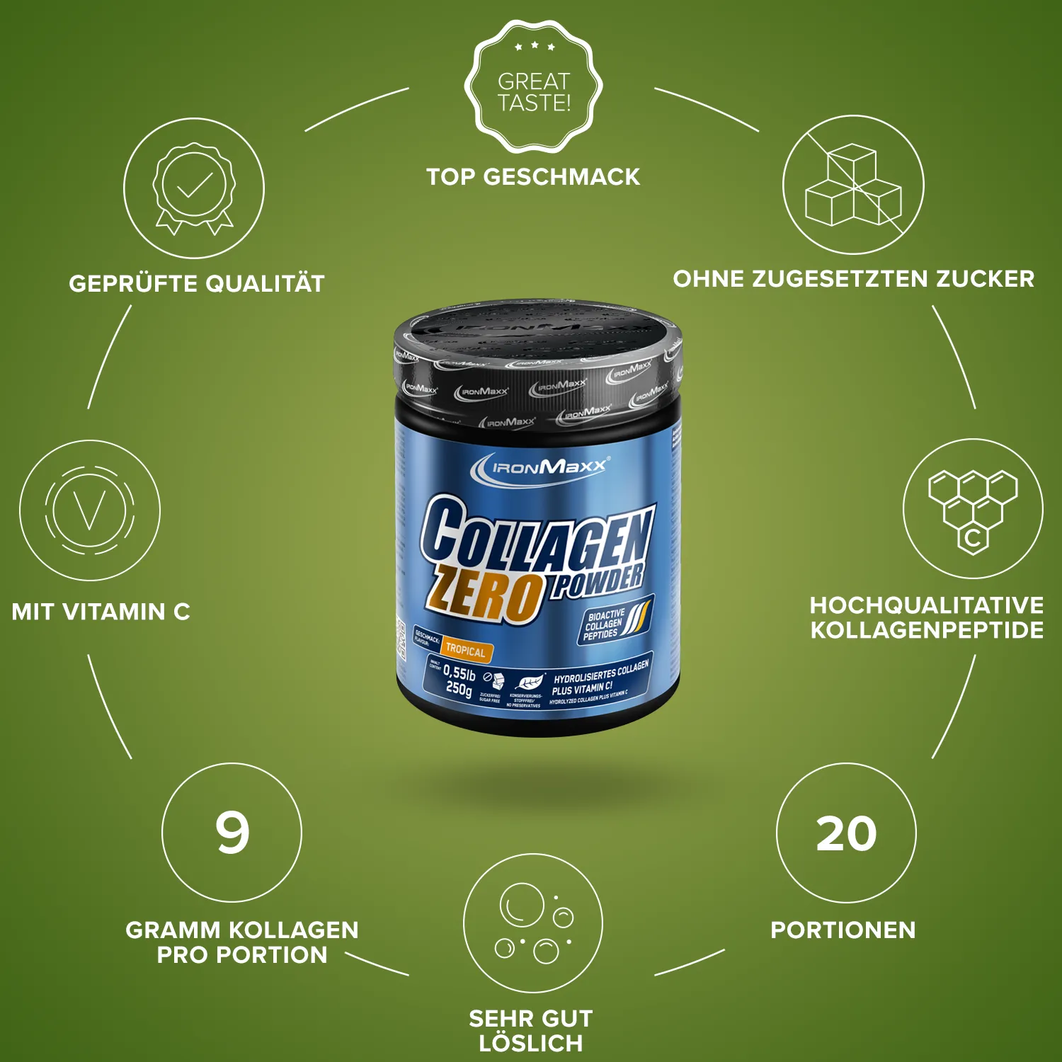Iron Maxx Collagen Powder Zero Kollagenpulver Grüntee Zitrone 250 g zuckerfrei