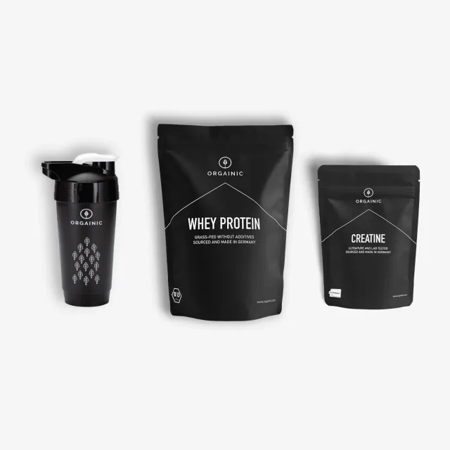 ORGAINIC Bundle Bio Whey Protein 1000 g Kakao mit Shaker 700 ml Schwarz
