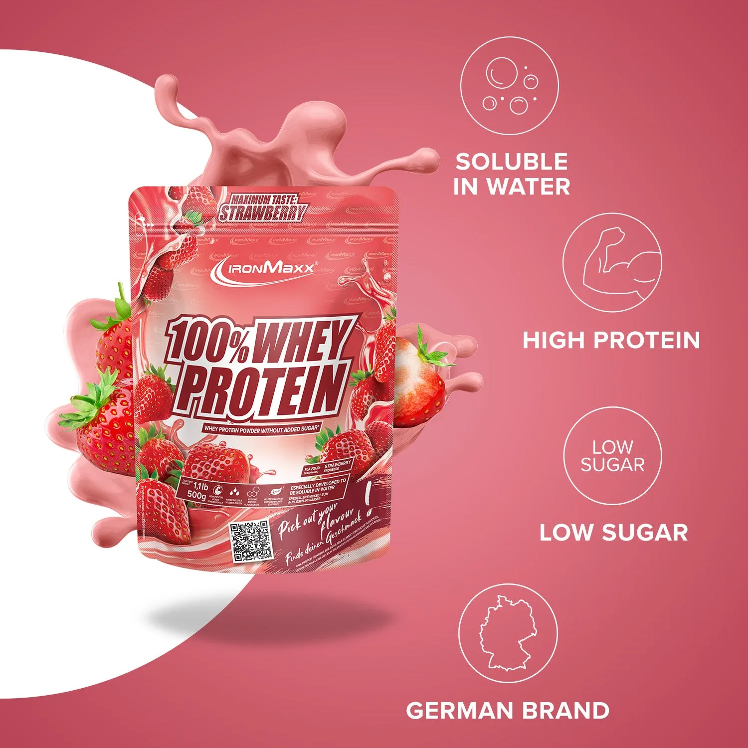 Iron Maxx 100% Whey Protein 500g - Erdbeere Whey-Proteinpulver zuckerfrei