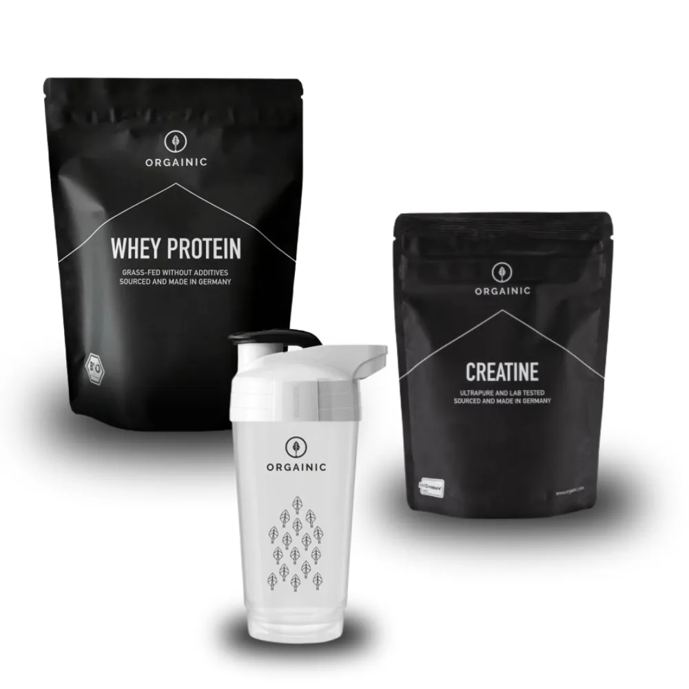 ORGAINIC Bundle Bio Whey Protein 1000 g Kakao mit Shaker 700 ml Schwarz