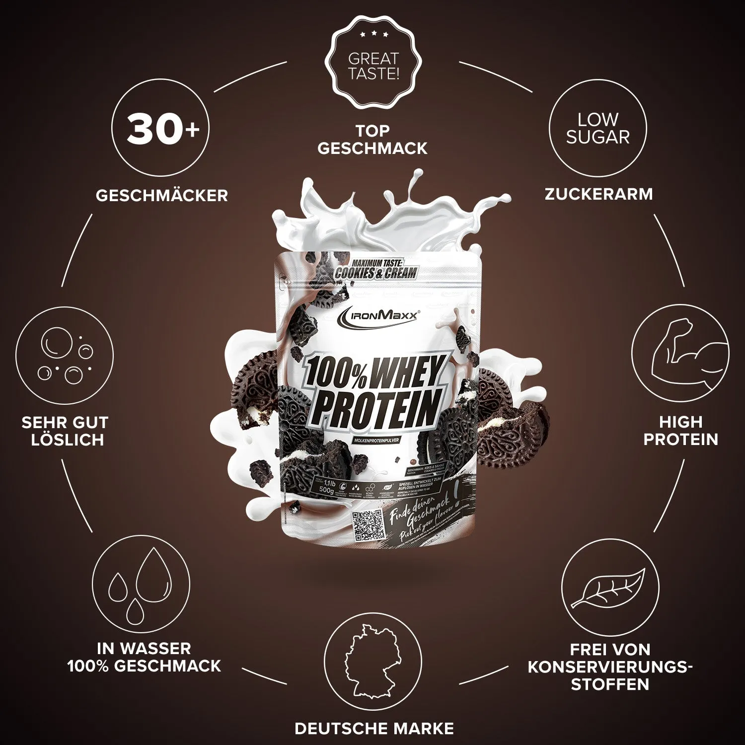 Iron Maxx 100% Whey Protein Proteinpulver 500 g Cookies & Cream zuckerfrei