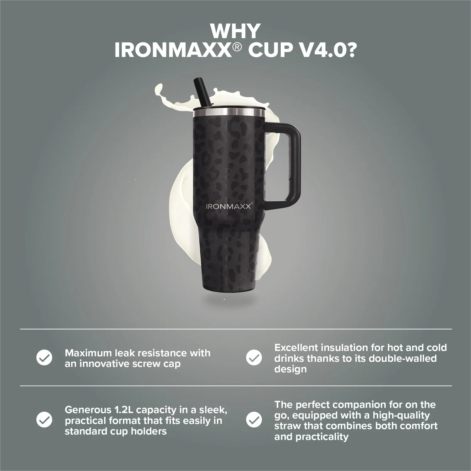 IronMaxx Cup V4.0 Trinkbecher 1200ml Leo-Style Black isoliert