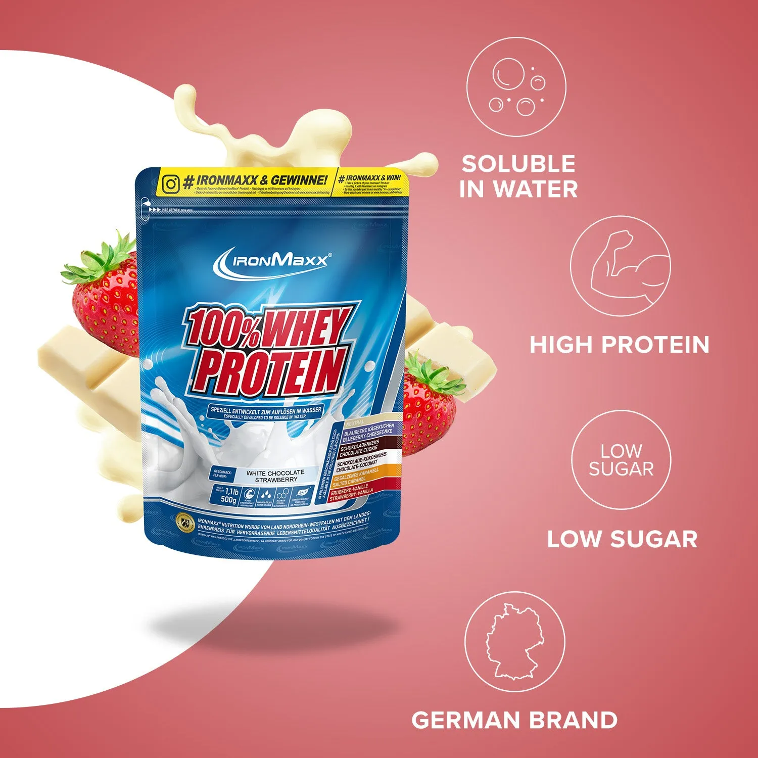 Iron Maxx 100% Whey Proteinpulver Weiße Schokolade-Erdbeere 500 g 80 % Eiweiß