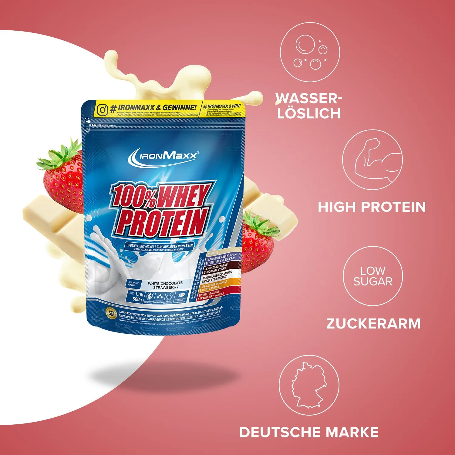 Iron Maxx 100% Whey Proteinpulver Weiße Schokolade-Erdbeere 500 g 80 % Eiweiß
