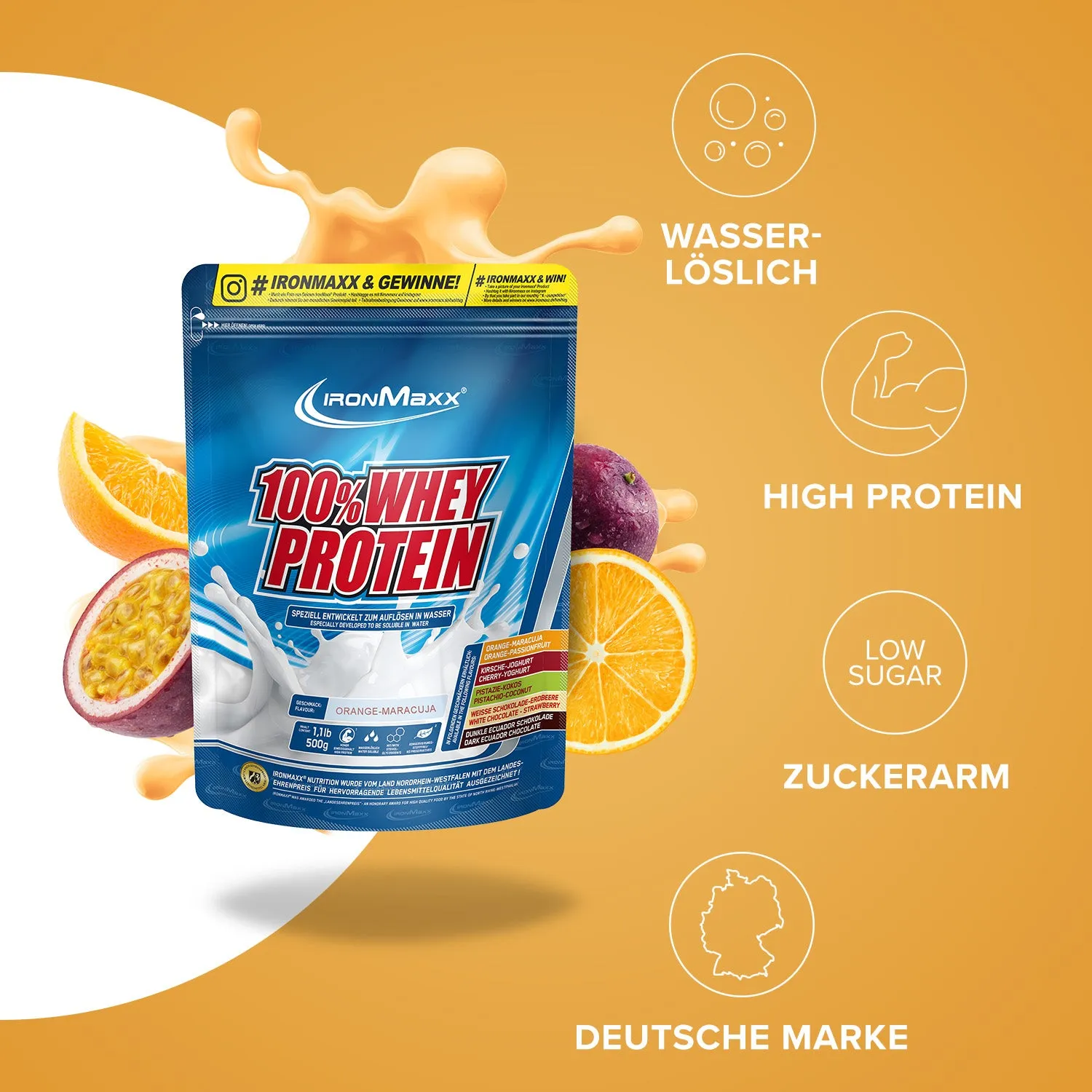 Iron Maxx 100% Whey Protein Pulver Orange Maracuja 500 g zuckerfrei