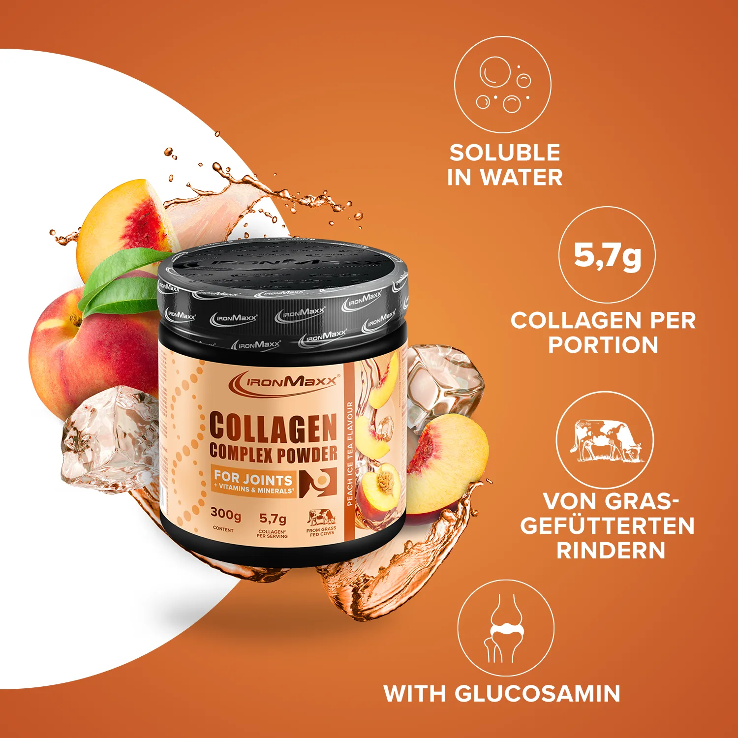Iron Maxx Collagen Complex Powder Kollagenpulver Peach Ice Tea 300 g mit Vitamin C