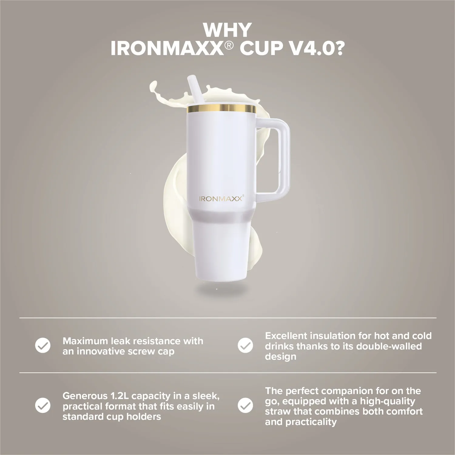 IronMaxx Cup V4.0 Trinkbecher 1200ml Whey White