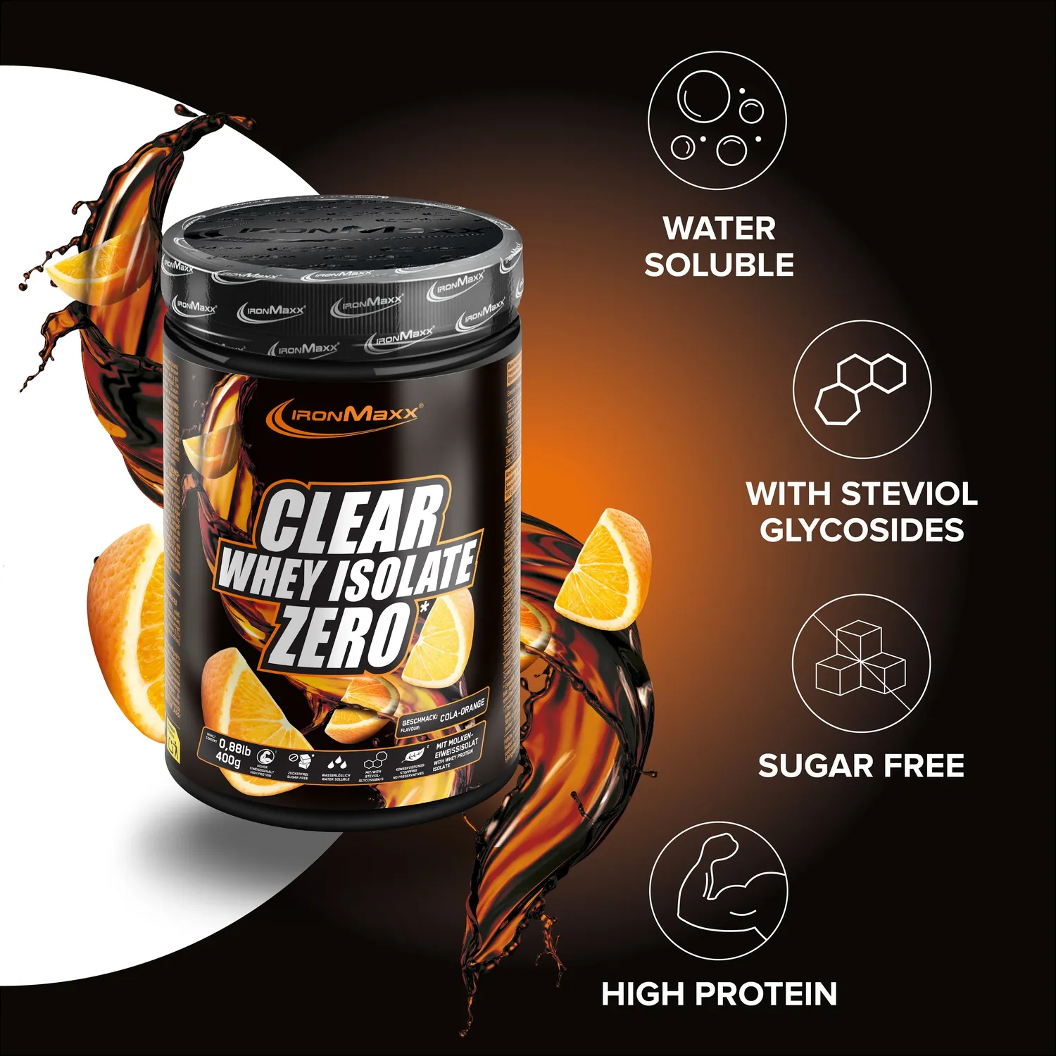 Iron Maxx Clear Whey Isolate ZERO Proteinpulver Cola Orange 400g zuckerfrei