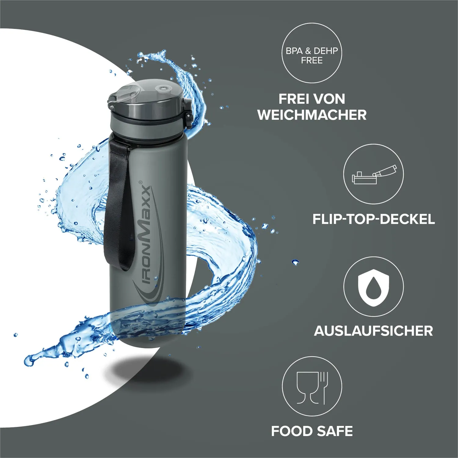 Iron Maxx Sport Water Bottle 1000ml Ash Grey BPA-frei