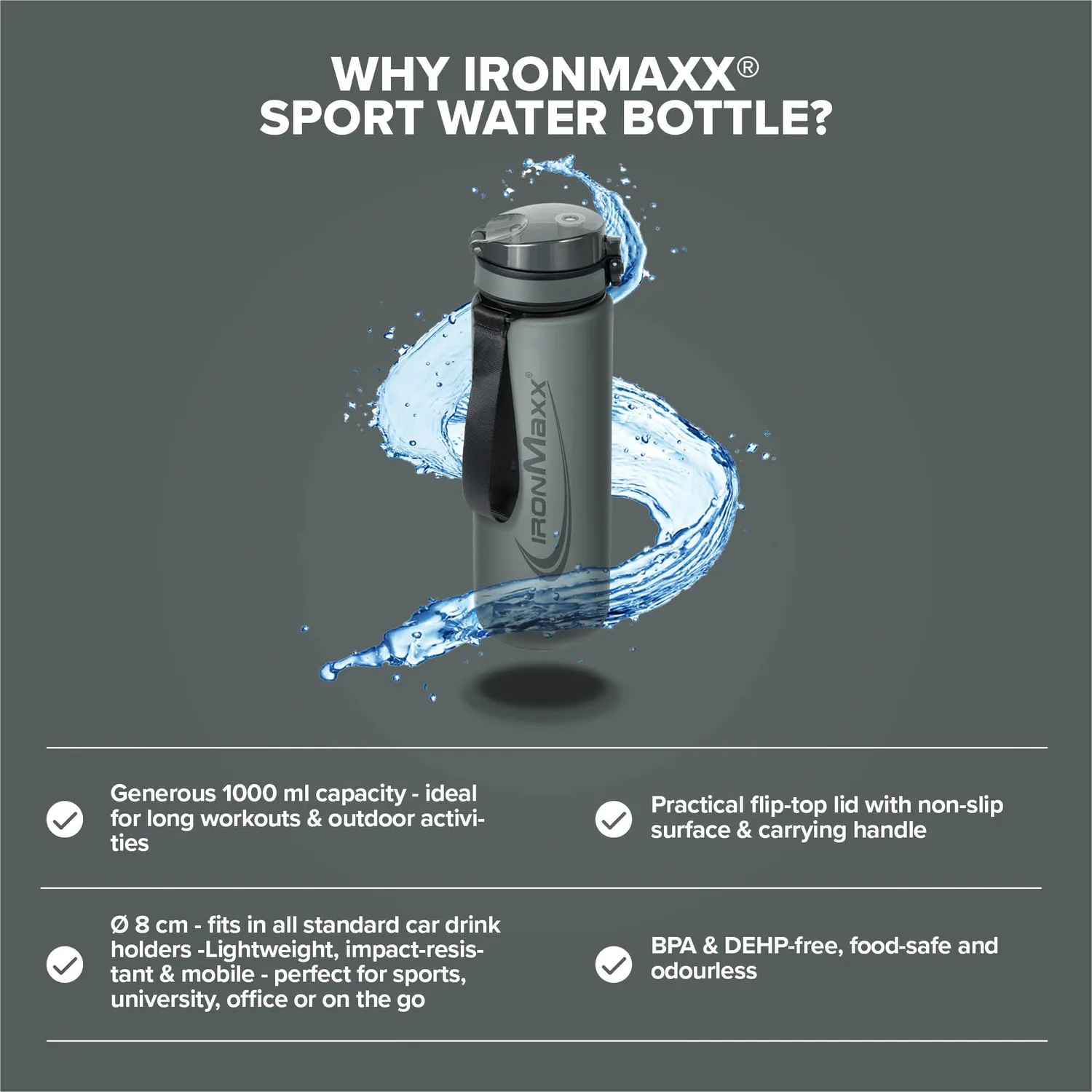 Iron Maxx Sport Water Bottle 1000ml Ash Grey BPA-frei